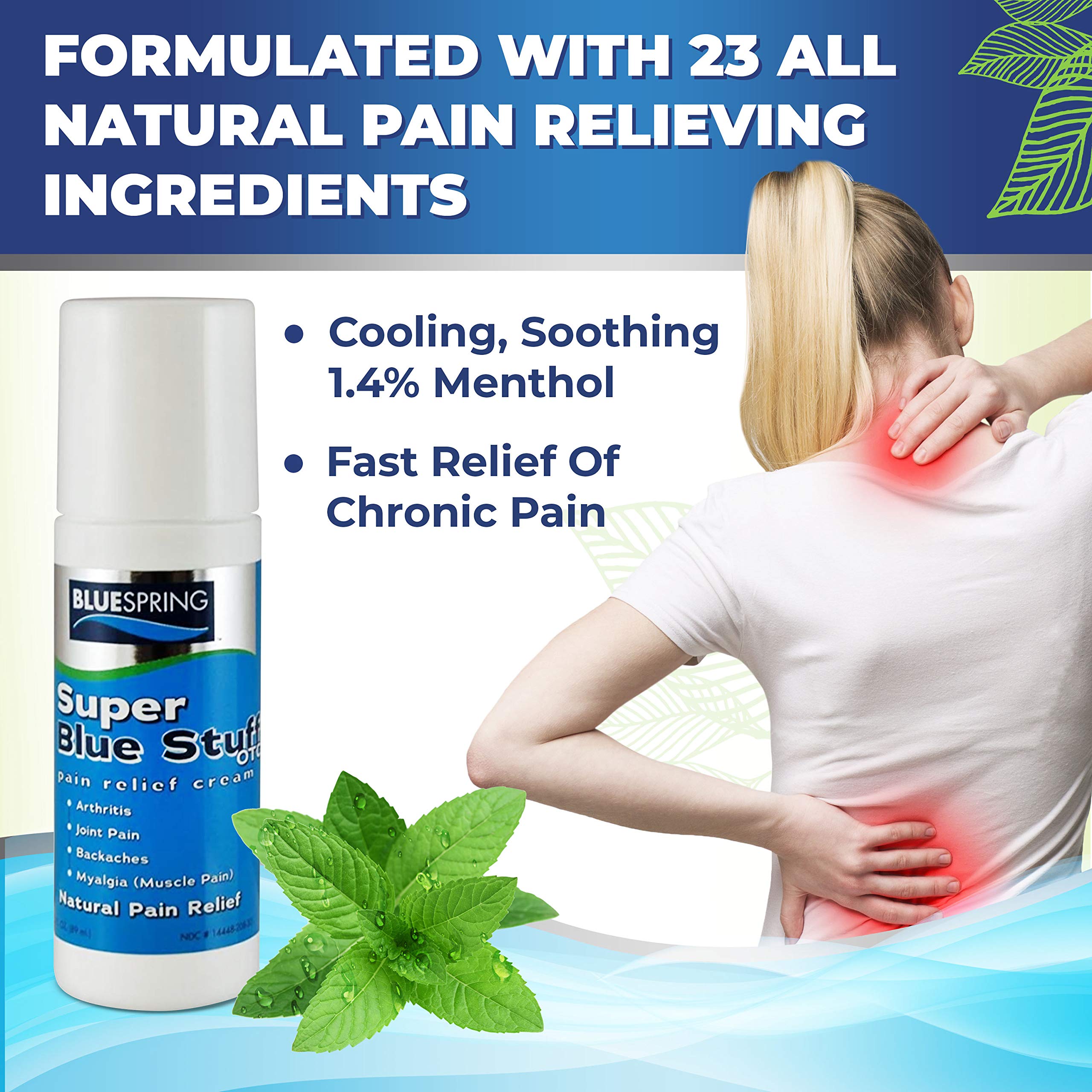 Emu Therapy Super Blue Stuff Roll-On, aplicación suave para cuello y hombros.