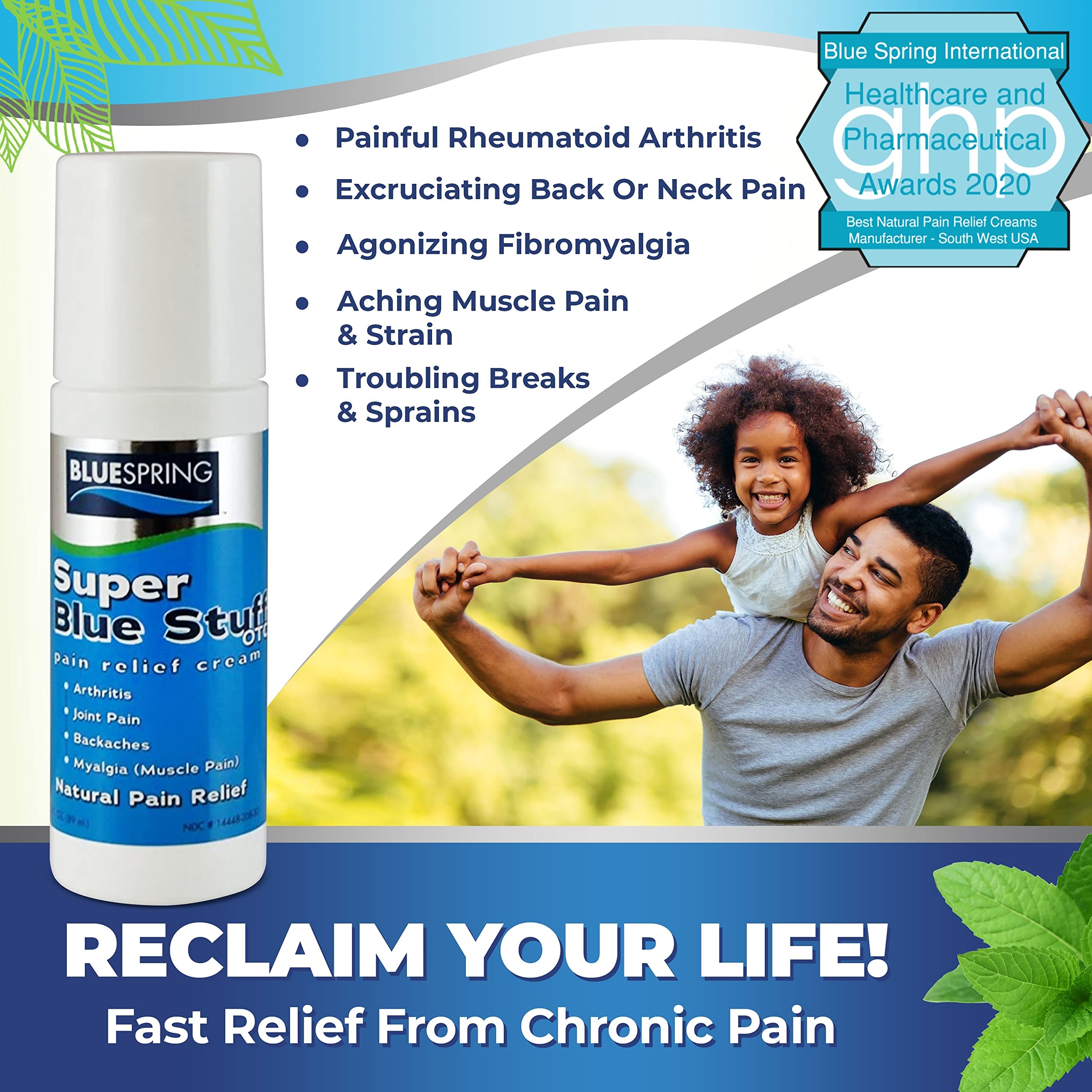 Emu Therapy Super Blue Stuff Roll-On, envase portátil para dolor muscular en movimiento.