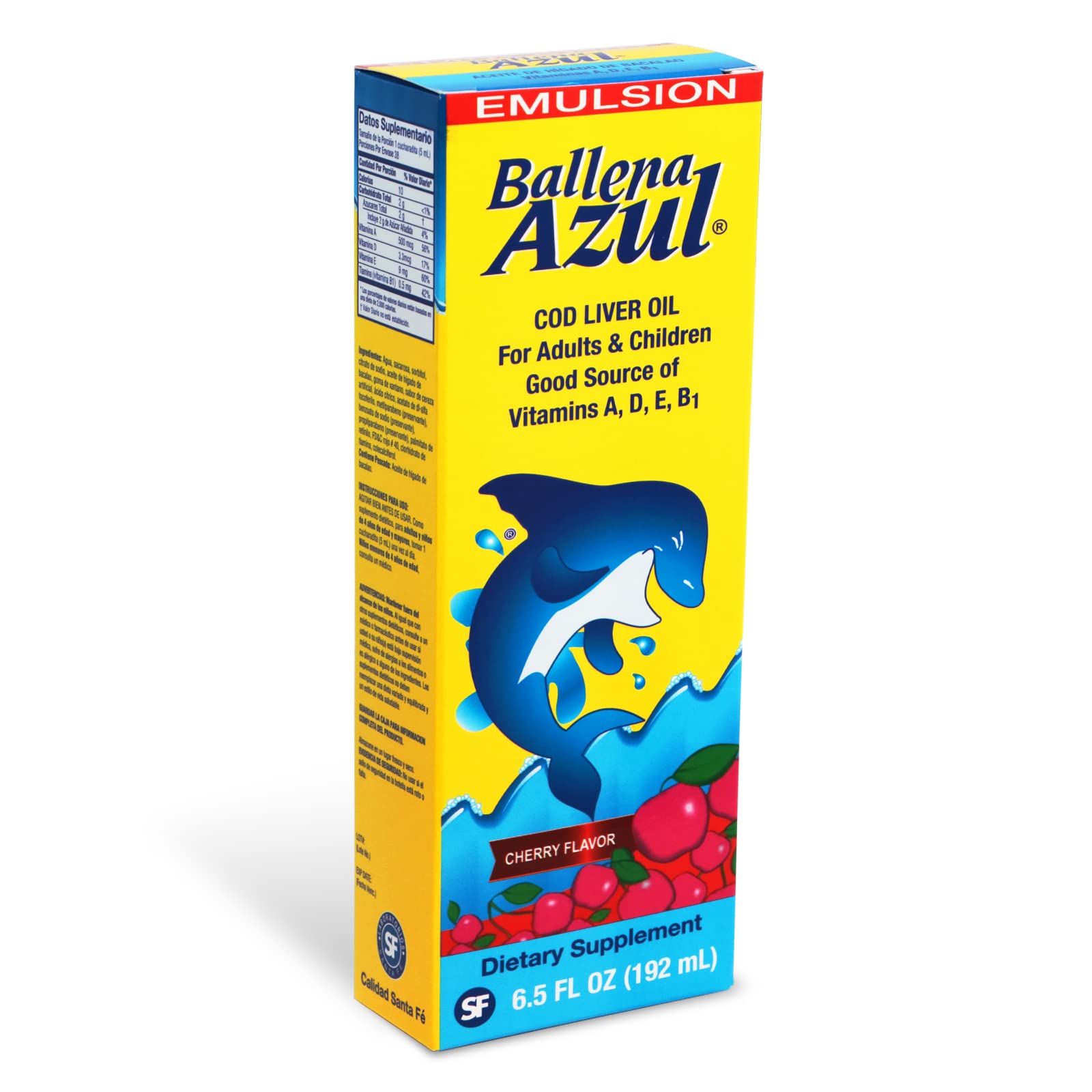 EMULSION BALLENA AZUL, etiqueta del producto en primer plano