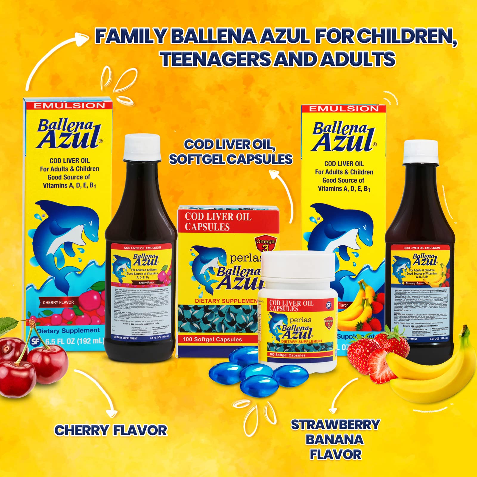 EMULSION BALLENA AZUL, variedad de sabores para niños y adultos