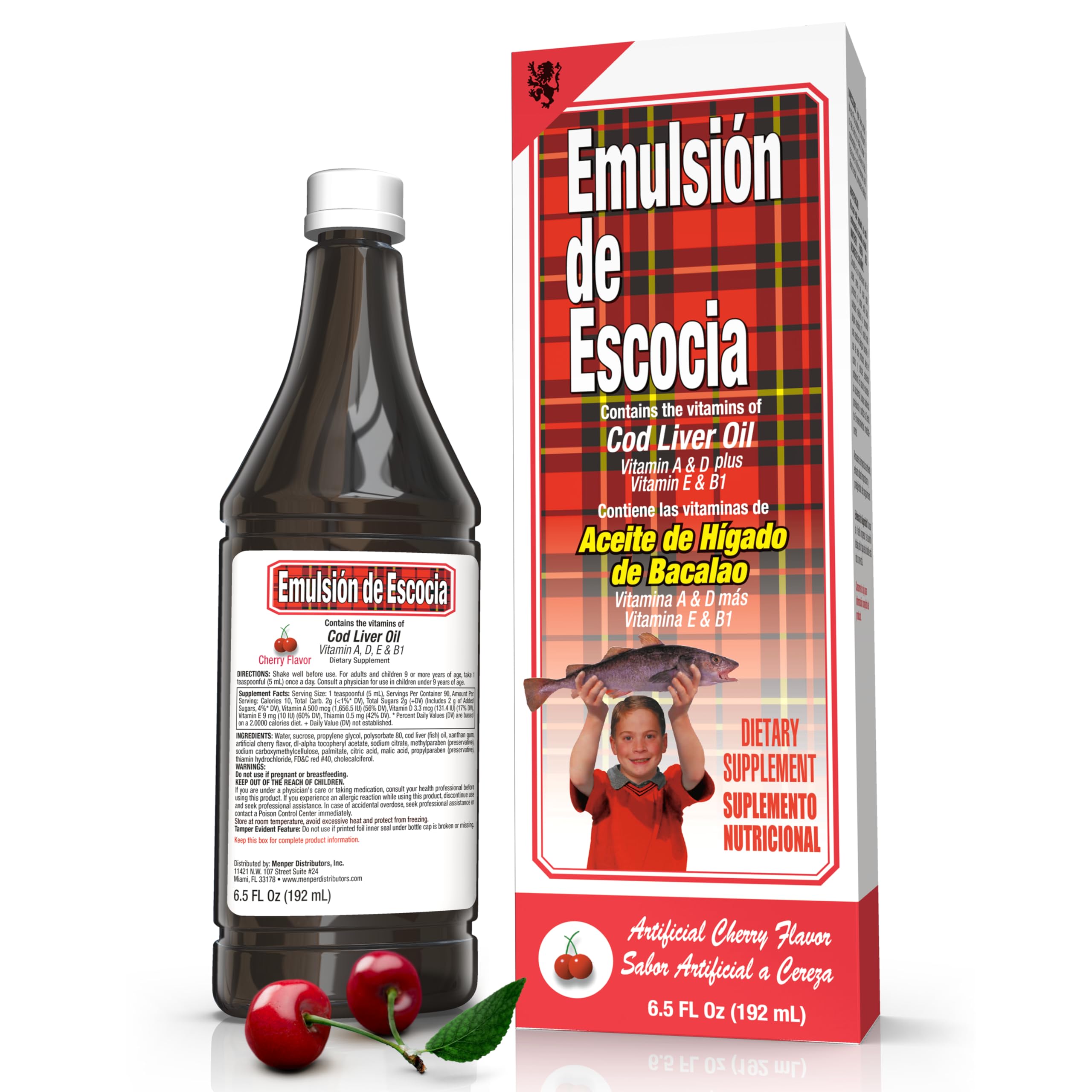 Emulsion de Escocia, bote de aceite de hígado de bacalao con sabor cereza para toda la familia