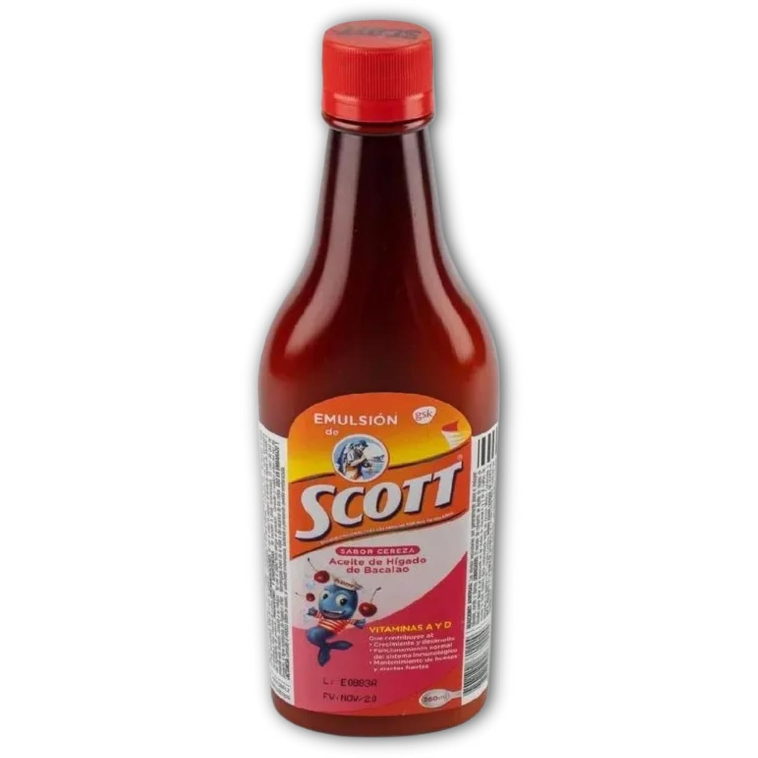 Emulsion de Scott Sabor Cereza: botella de 360 ml, fácil consumo diario para niños