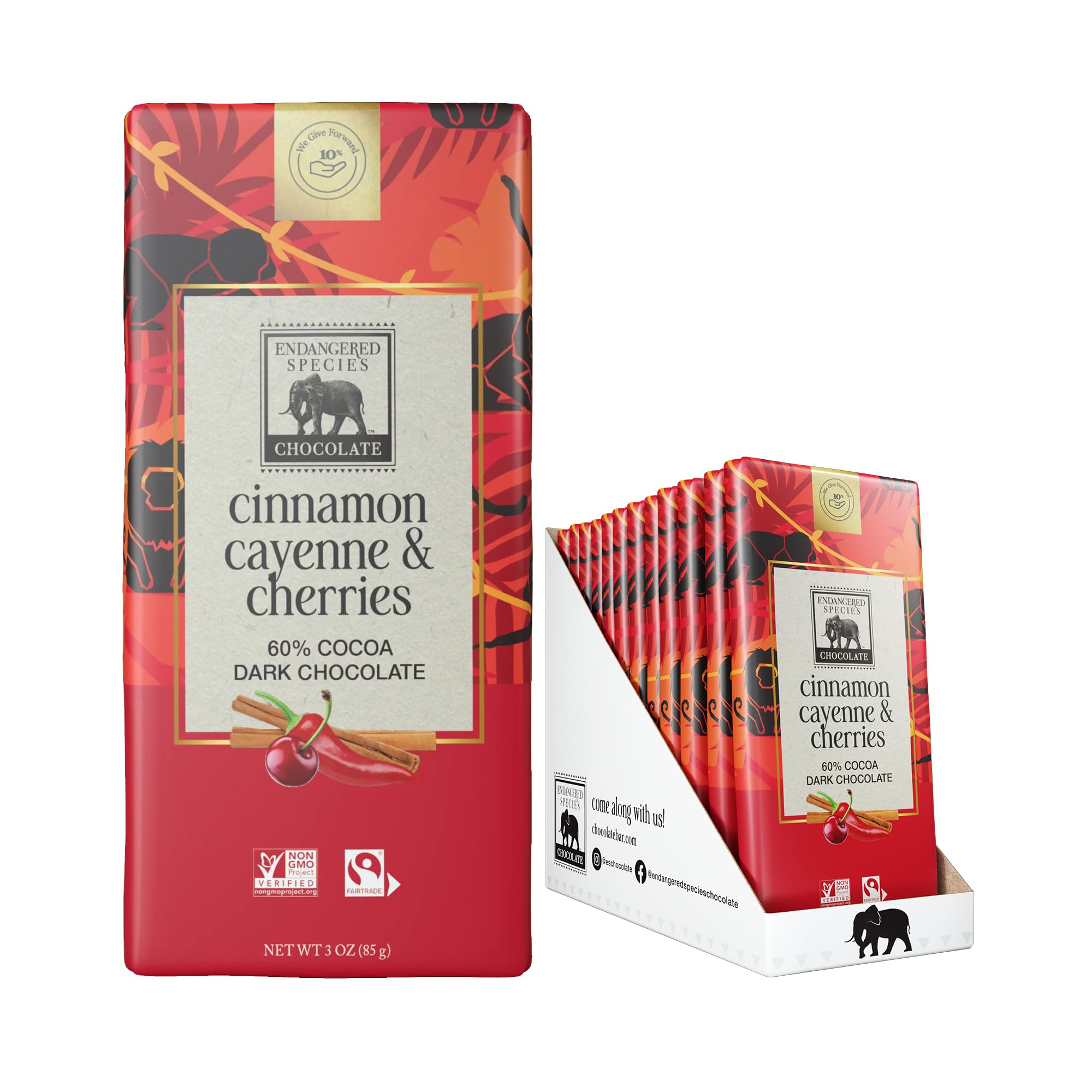 Endangered Species Chocolate barra negra con canela, cayena y cerezas, sabor audaz para disfrutar.
