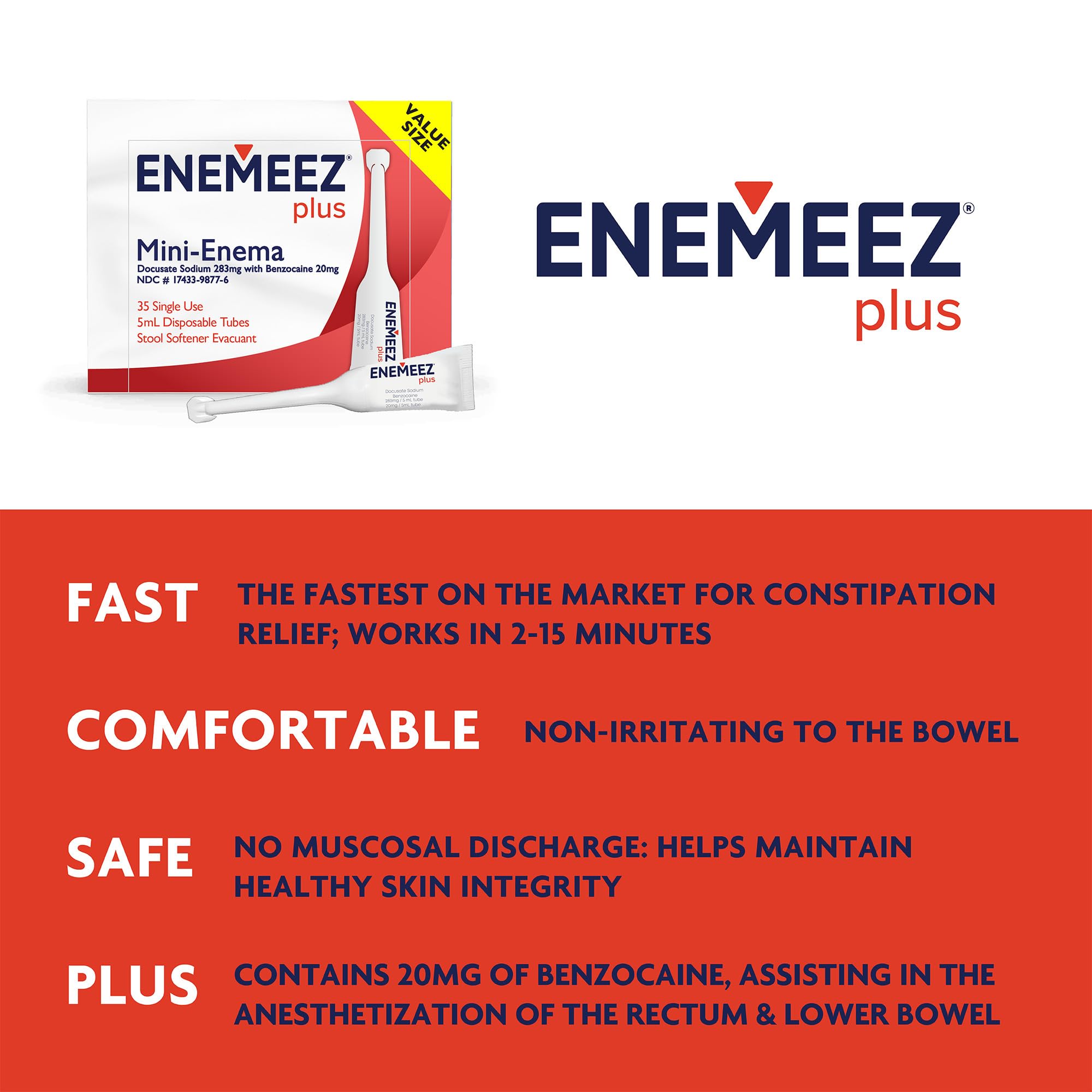 Enemeez Plus minienemas, docusato-sodio benzocaina, alivio suave y anestesia local