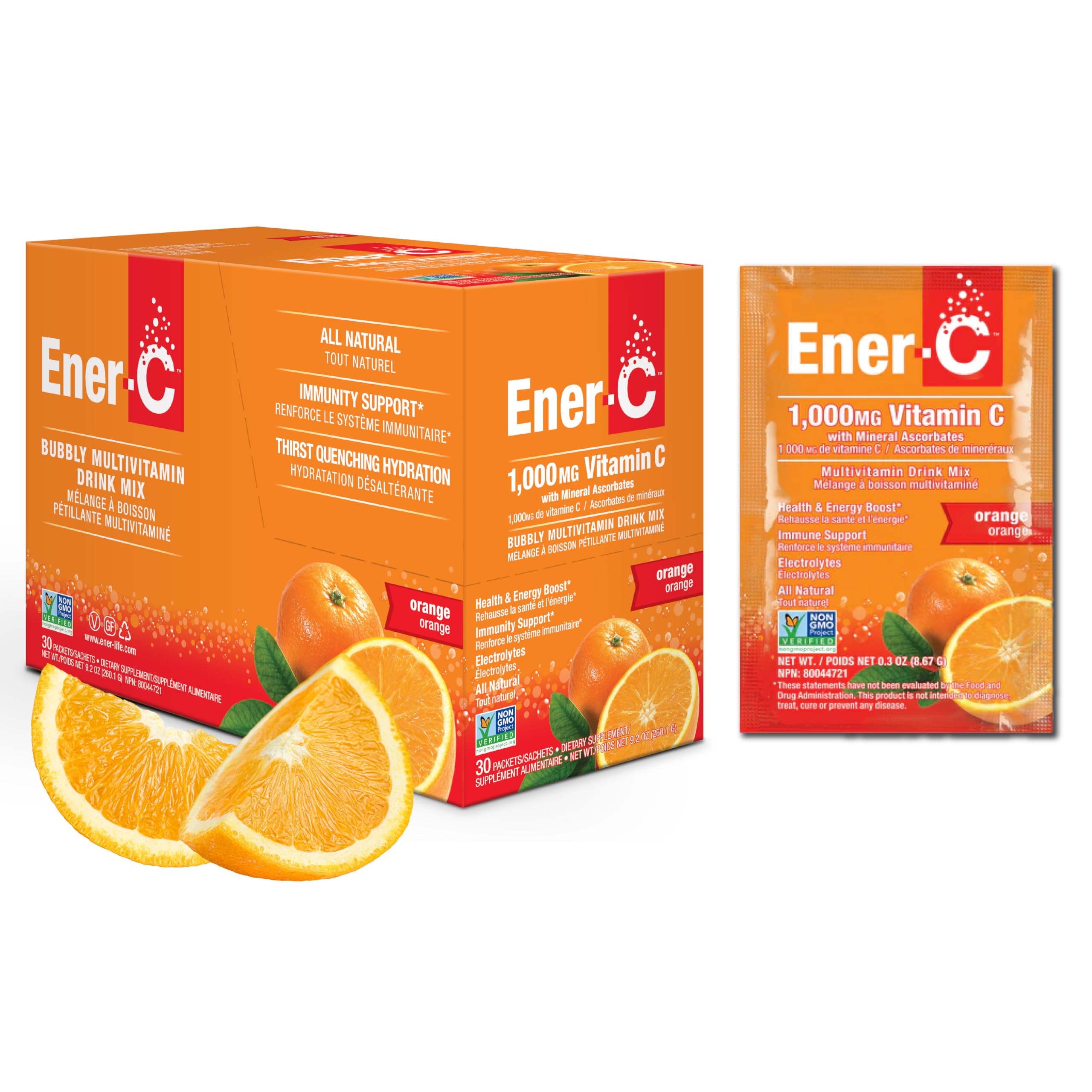 Ener-C en sobre sabor naranja, para hidratación diaria.