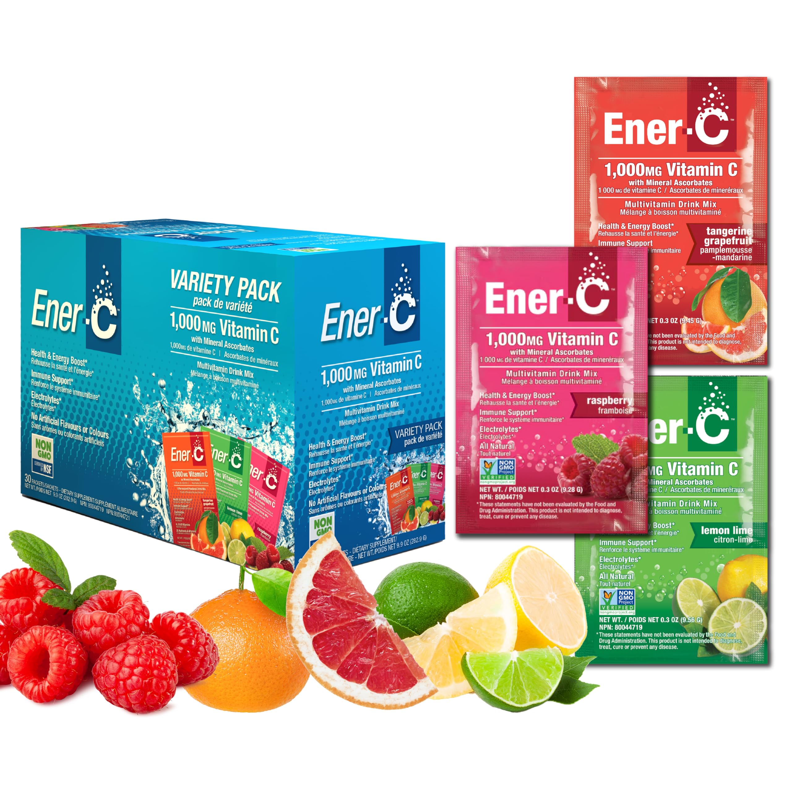 Ener-C mezcla multivitamínica en sobres sabor fruta real para energía diaria.