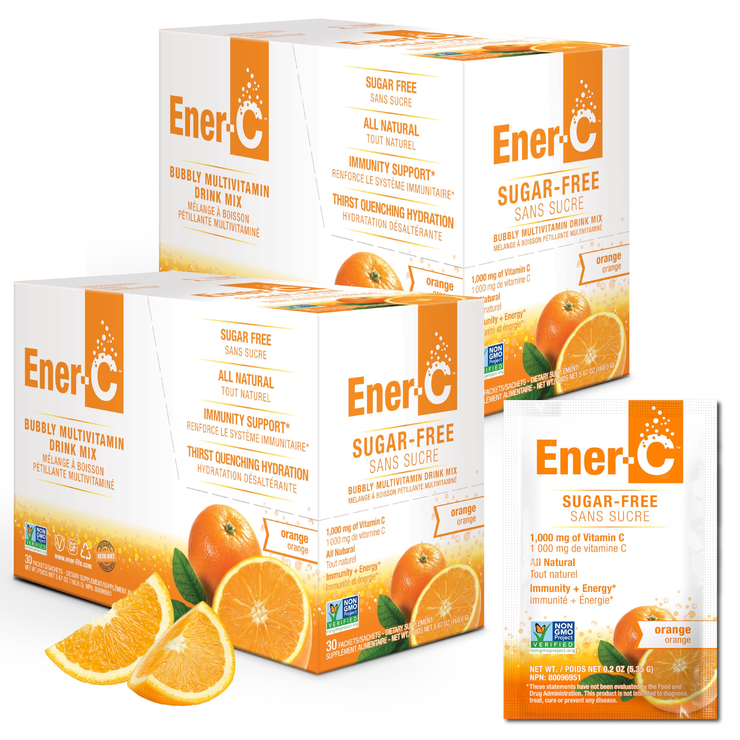 Ener-C sabor naranja sin azúcar, polvo para hidratación diaria.