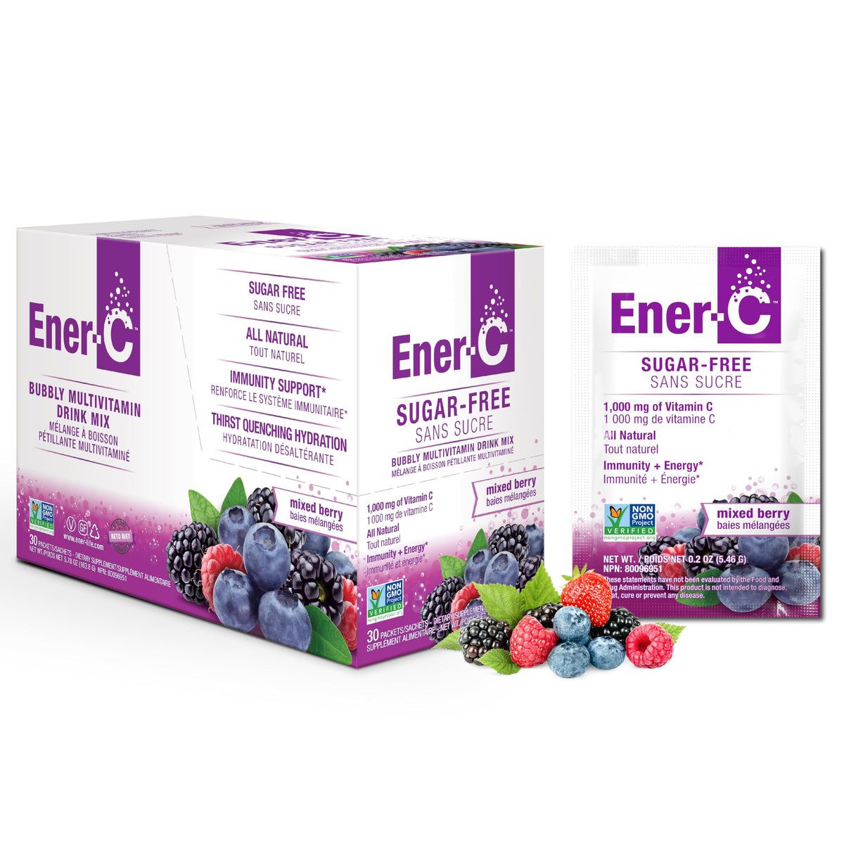 Ener-C polvo sin azúcar con sabor a frutos rojos, empaque de sobre para hidratación