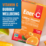 Frente del envase Ener-C con 13 vitaminas esenciales para energía diaria.