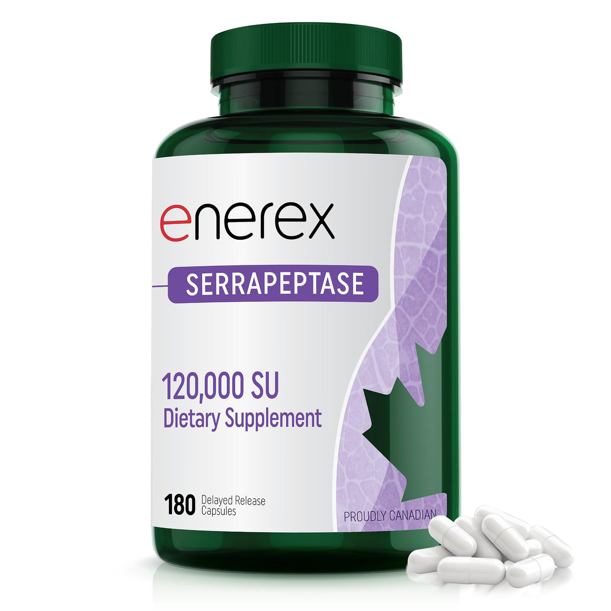 ENEREX Serrrapeptasa: botella con cápsulas para uso diario y apoyo suave a las vías respiratorias.