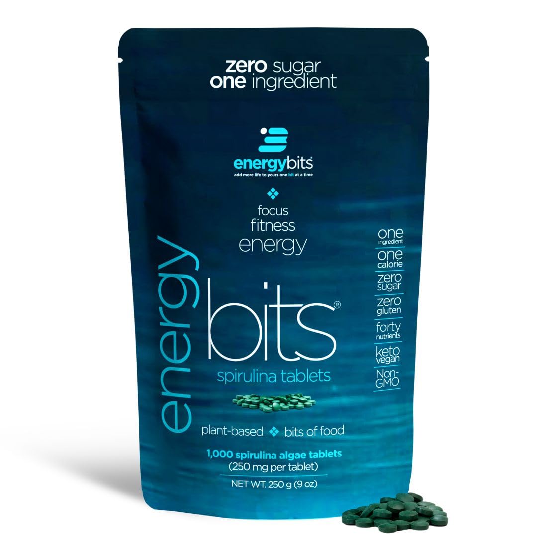 ENERGYBITS: botella de espirulina para energía rápida y práctica.
