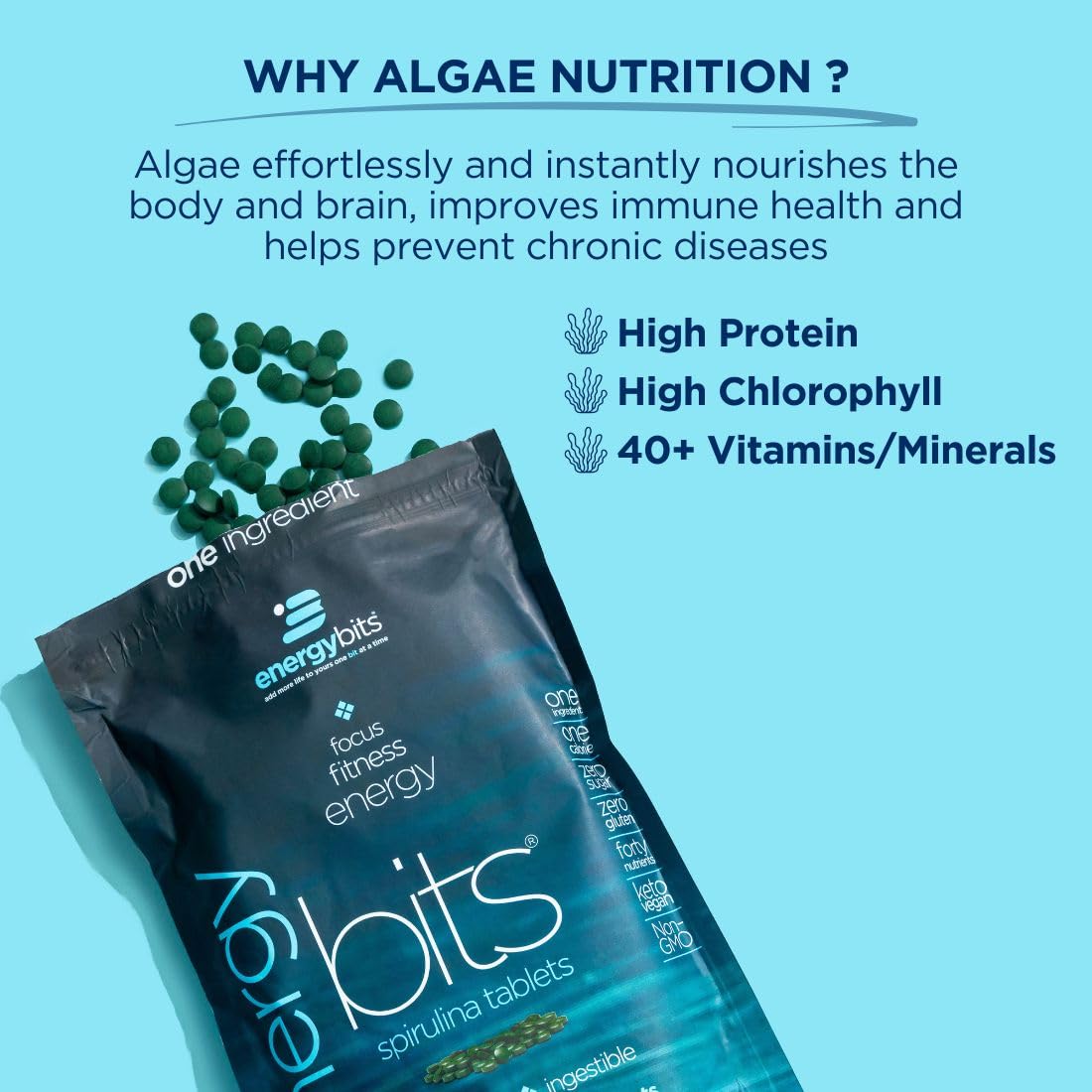 ENERGYBITS: tablas de espirulina en primer plano para enfoque sostenido.