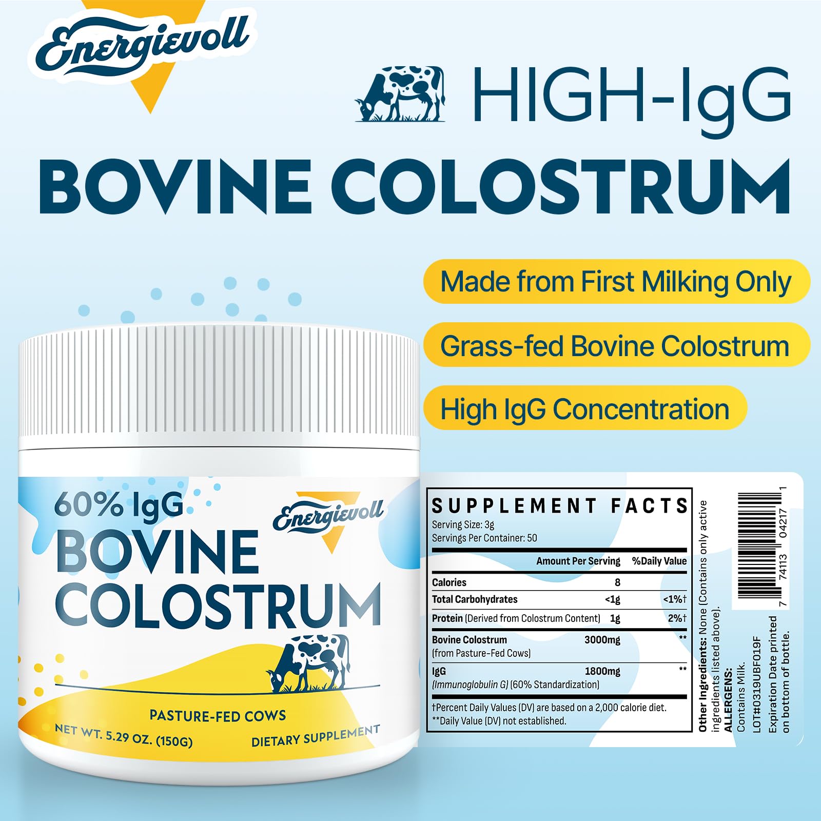 Energievoll Colostro Bovino con 60% IgG para apoyar hábitos de bienestar.
