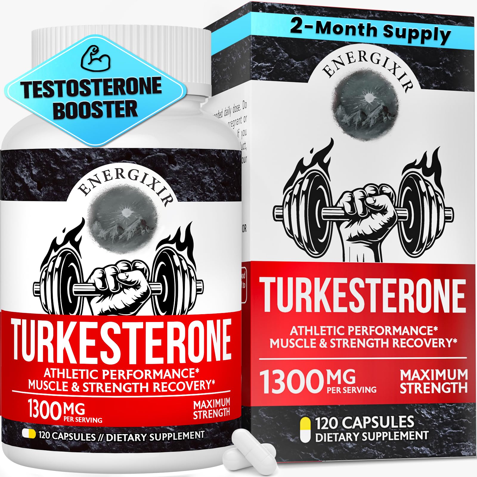 Energixir cápsulas de testosterona, botella visible para uso diario y soporte de energía.