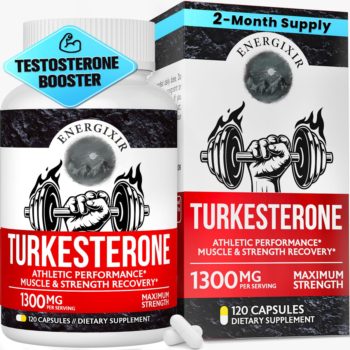 Energixir cápsulas de testosterona, botella visible para uso diario y soporte de energía.