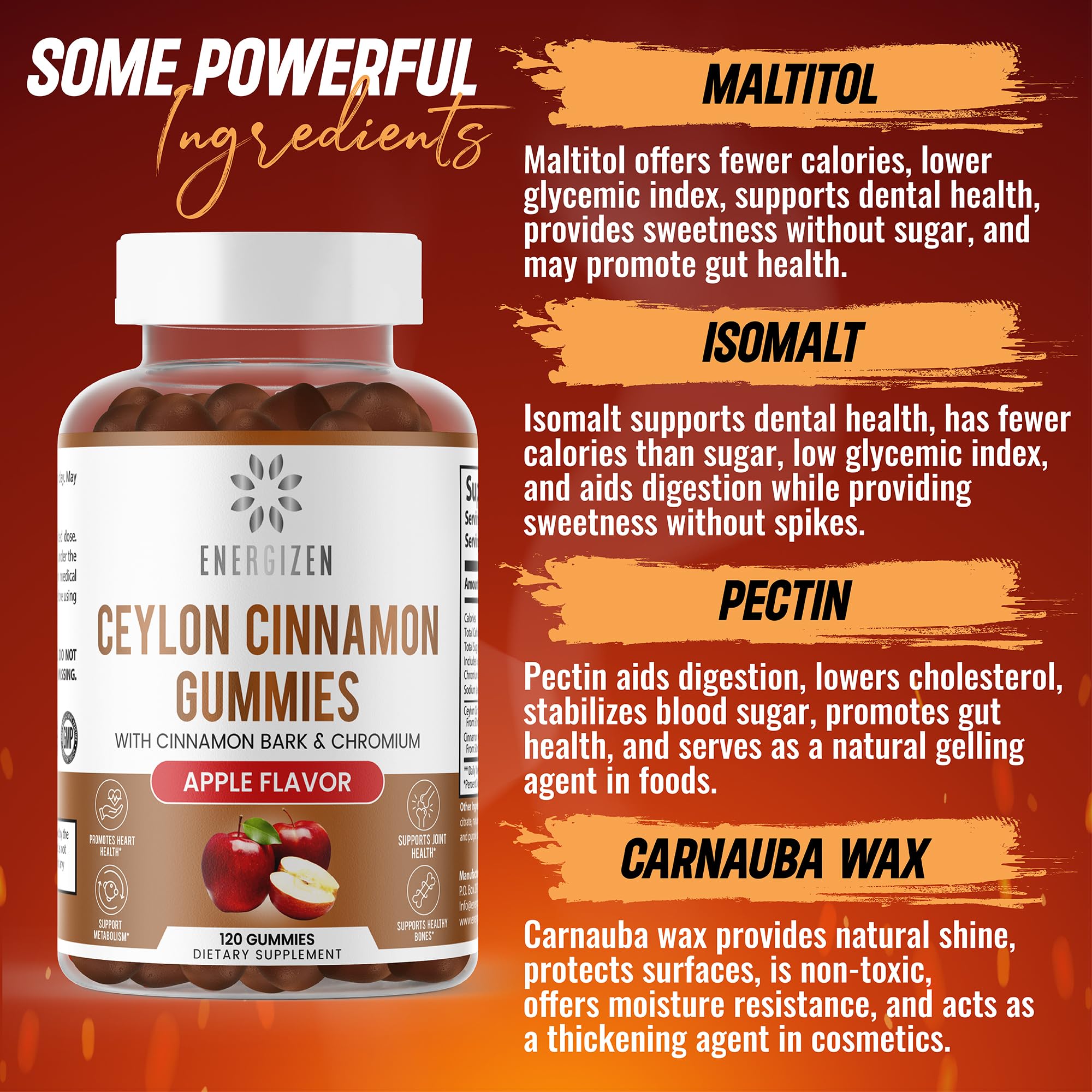 Gomitas Energizen, ingredientes canela y cromo para apoyo diario.