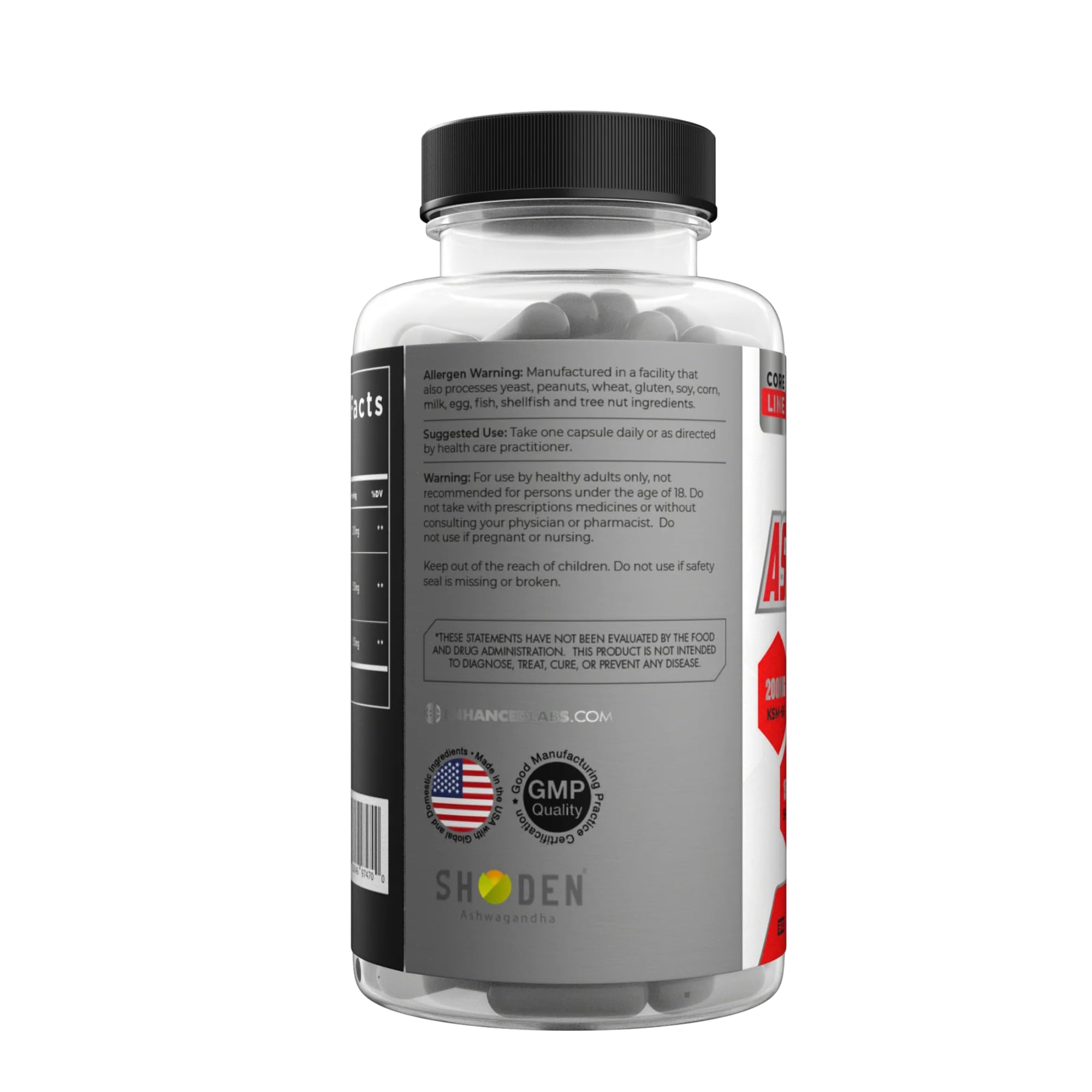 Etiqueta de Enhanced Ashwagandha que comunica calidad y pureza.