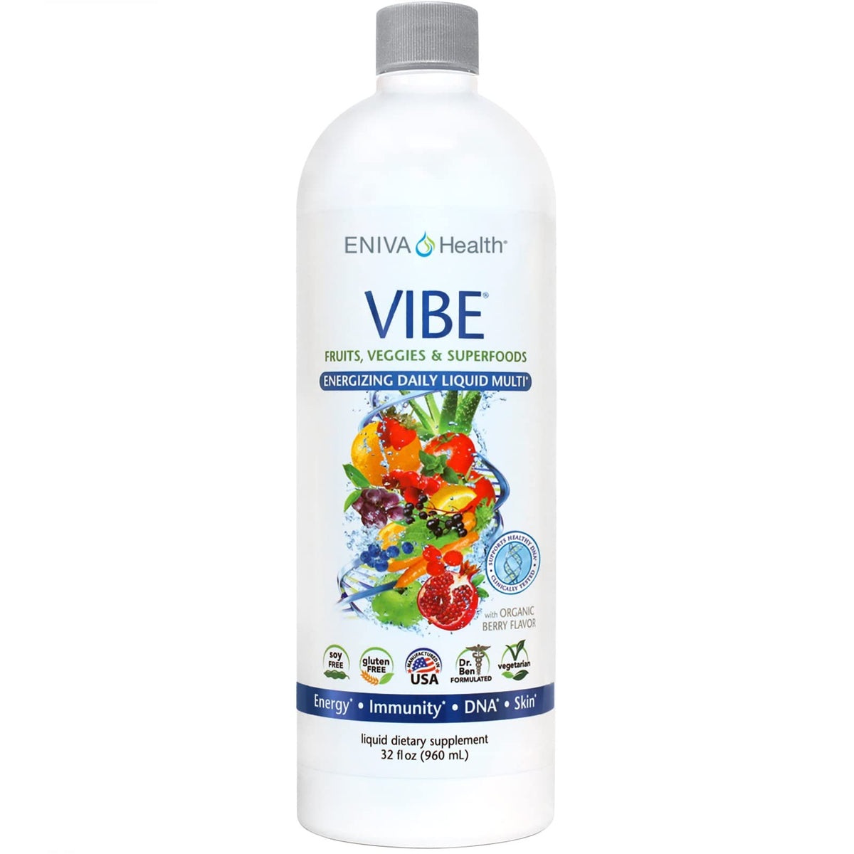 Eniva Health Vibe, botella de líquido con frutas para nutrición diaria.