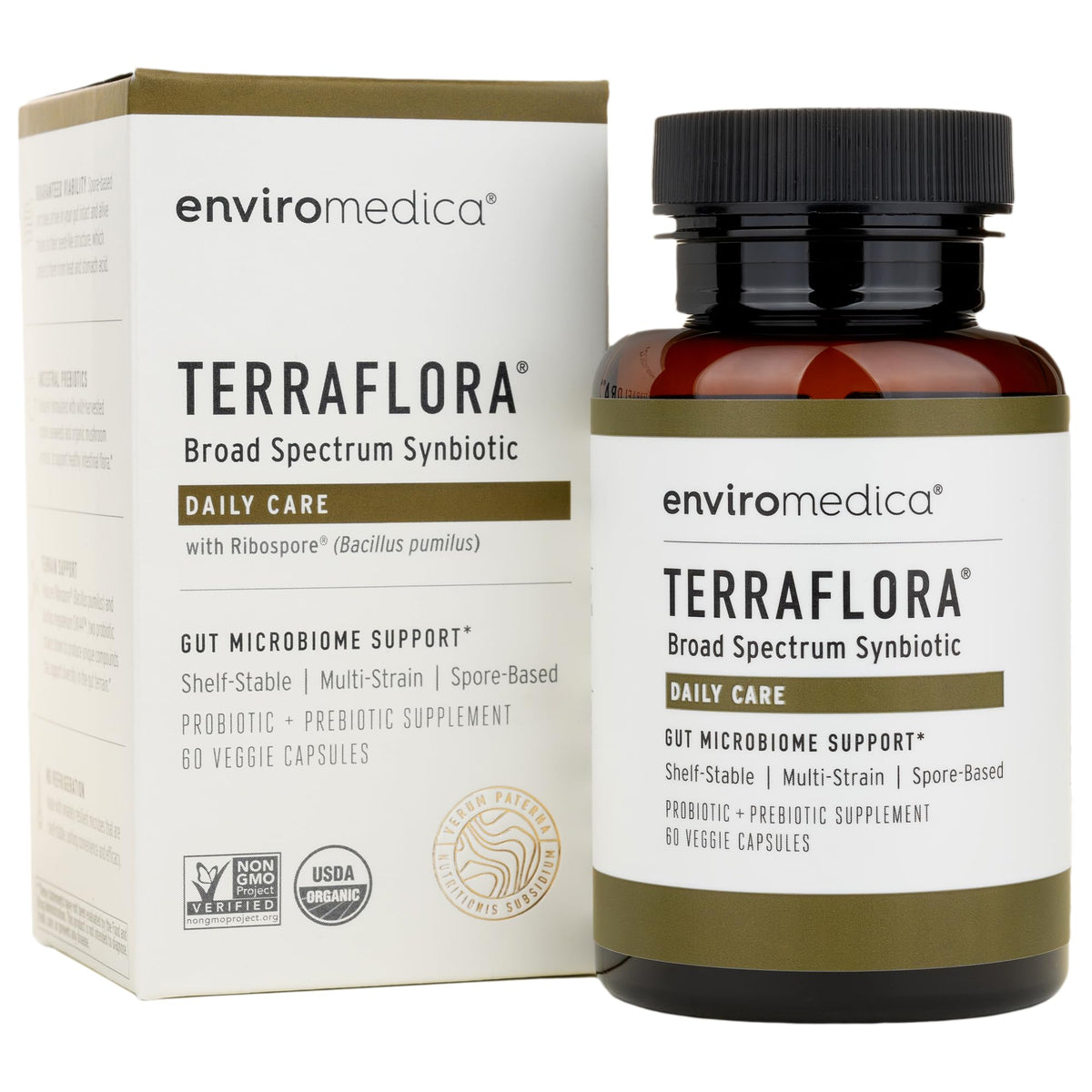 Enviromedica Terraflora Daily Care — botella con cápsulas para equilibrio intestinal y bienestar diario.