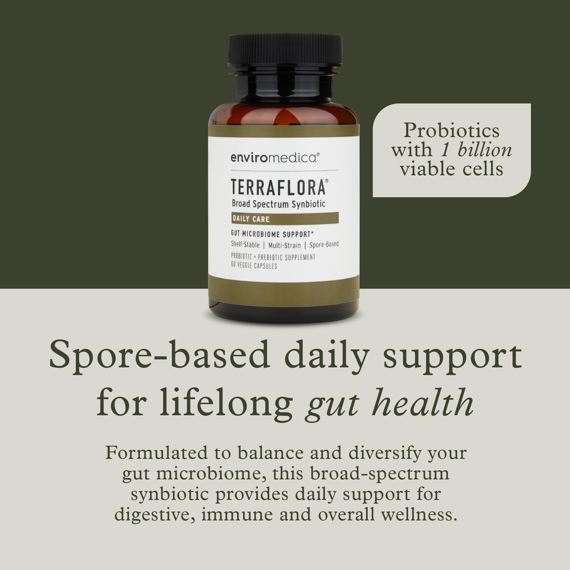Enviromedica Terraflora Daily Care — cápsulas visibles para salud digestiva estable.