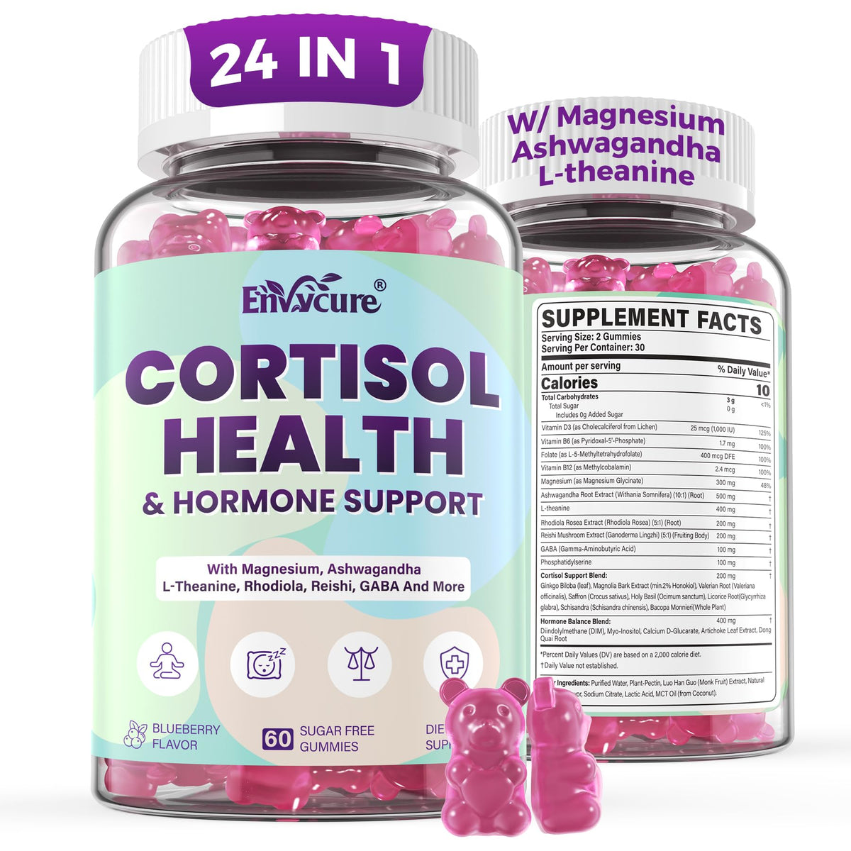 EnvyCure gomitas cortisol frasco, promueven relajación y enfoque.