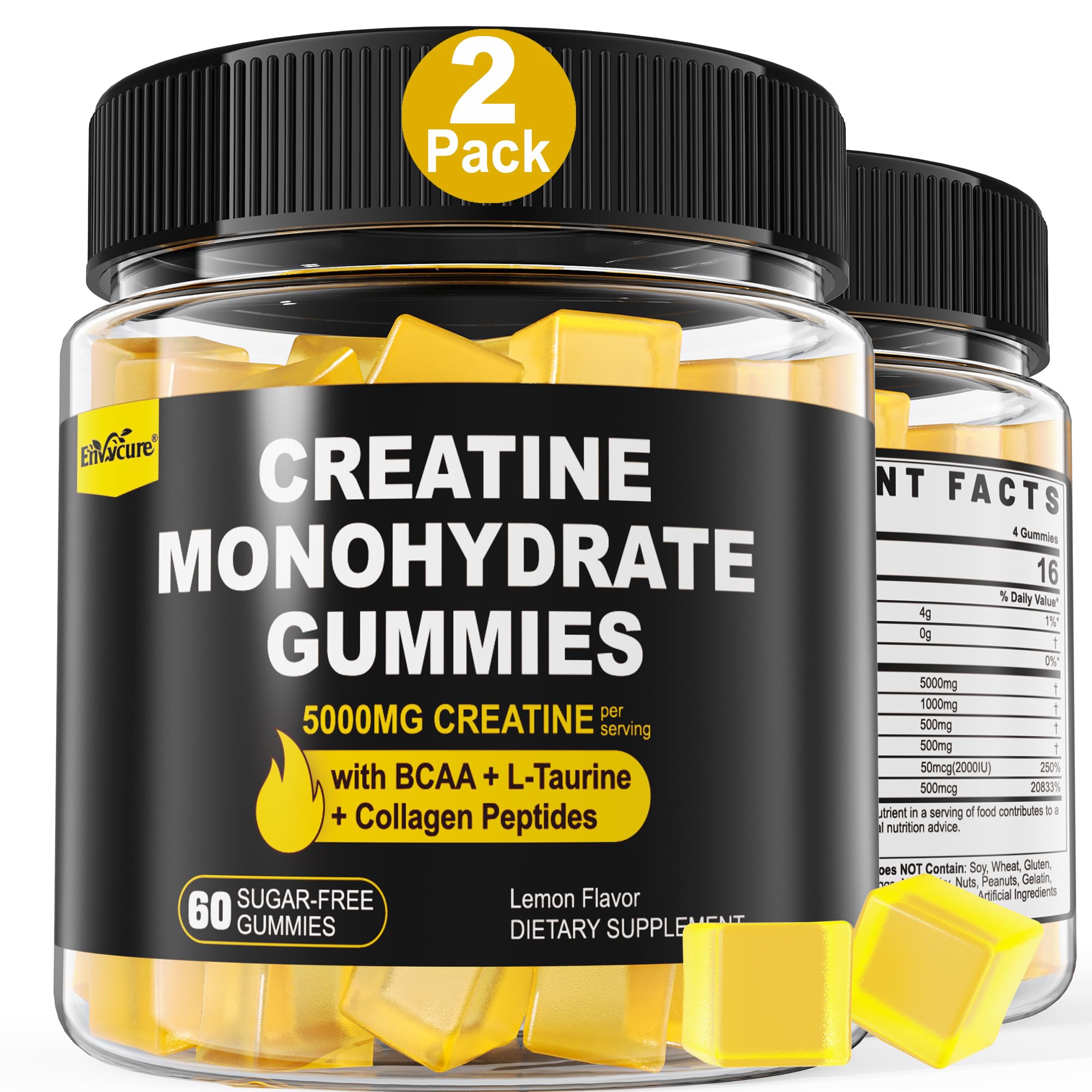 EnvyCure gominolas creatina monohidrato, botella visible, sabor limón para entrenos