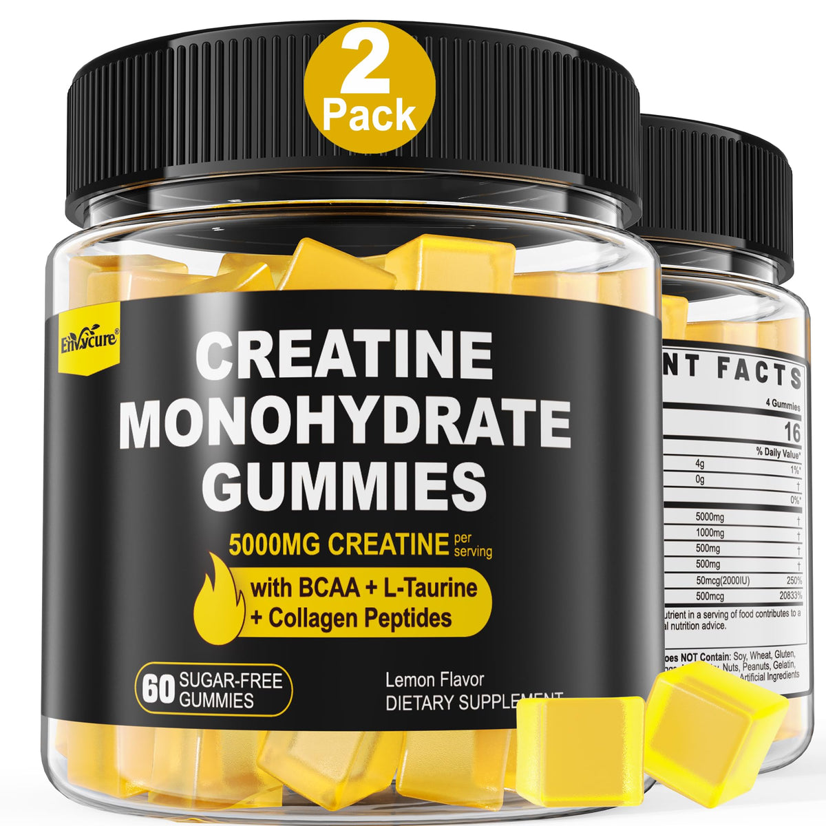 EnvyCure gominolas creatina monohidrato, botella visible, sabor limón para entrenos