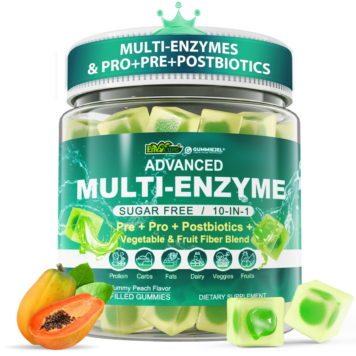 EnvyCure Enzimas Digestivas Gummies: botella mostrando la fórmula para una digestión suave y eficiente.