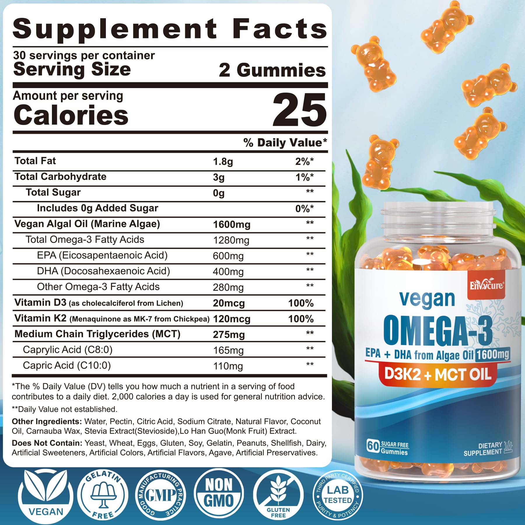 Envase de gominolas EnvyCure Omega 3 veganas, sabor naranja para la vista