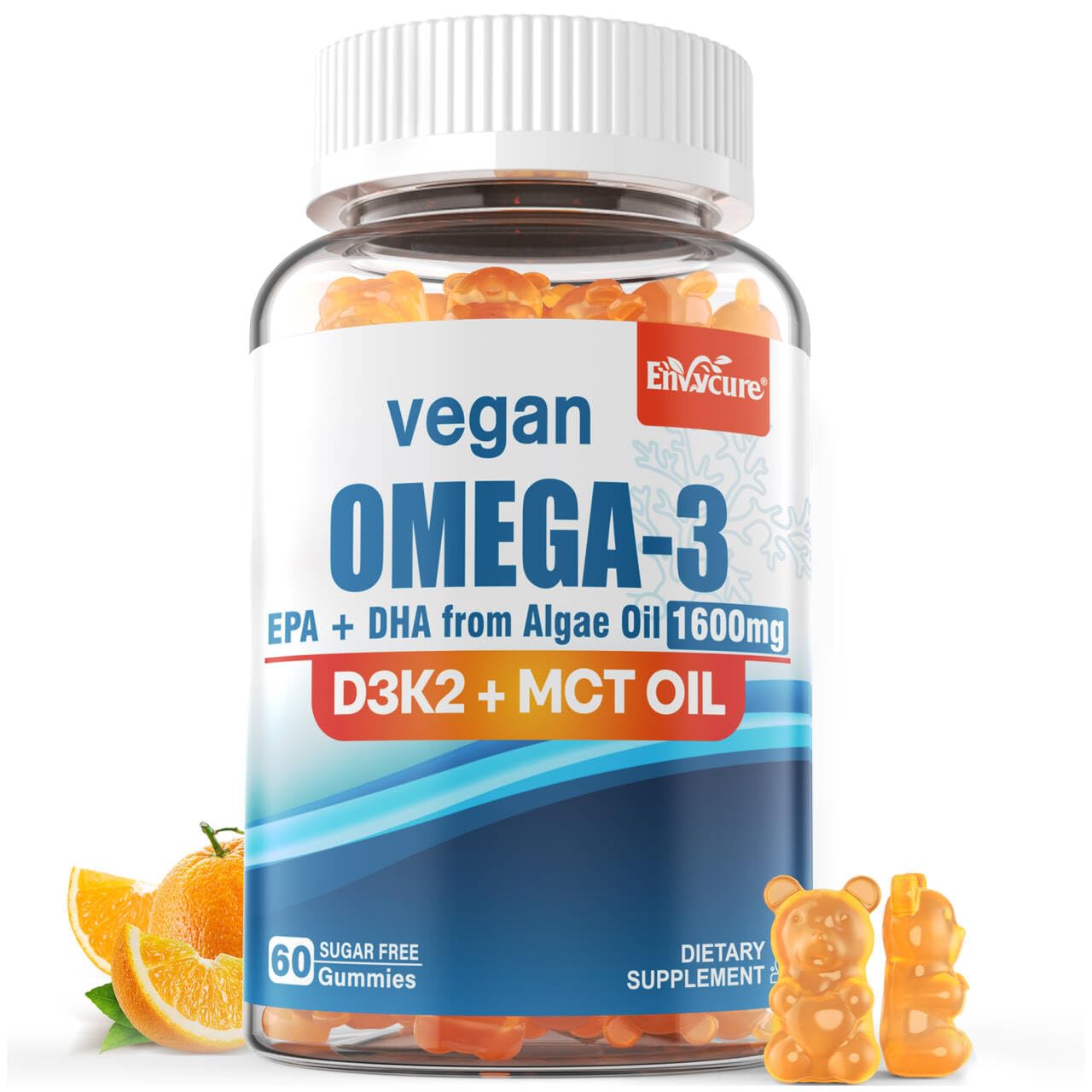 Gomitas EnvyCure Omega3 vegano con sabor naranja para apoyo diario cerebral y ocular.