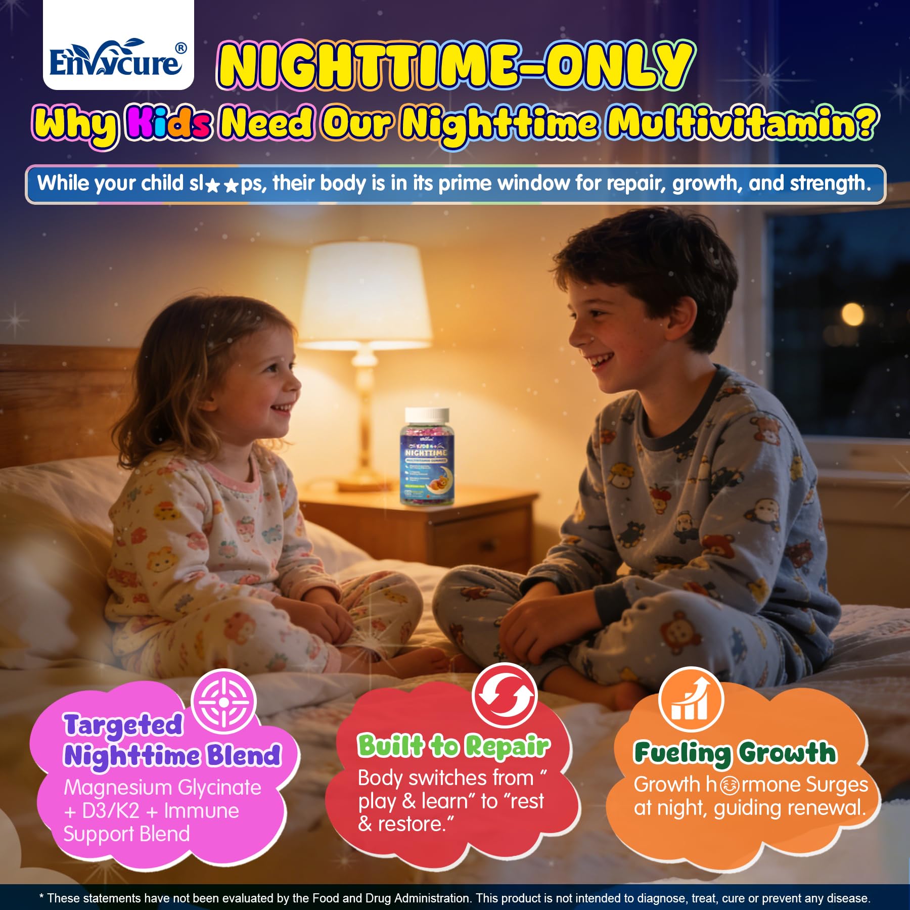 EnvyCure multivitaminas para niños, textura suave, descanso natural.