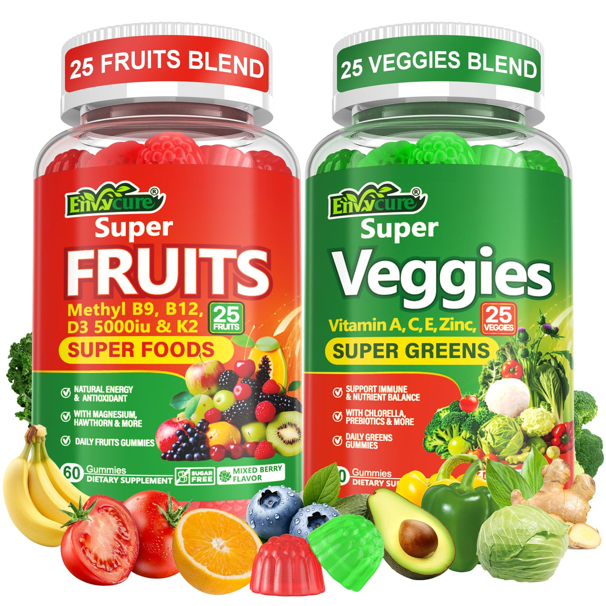 Envycure Super Greens Gummies: botella con gomitas, apoyo nutricional diario.