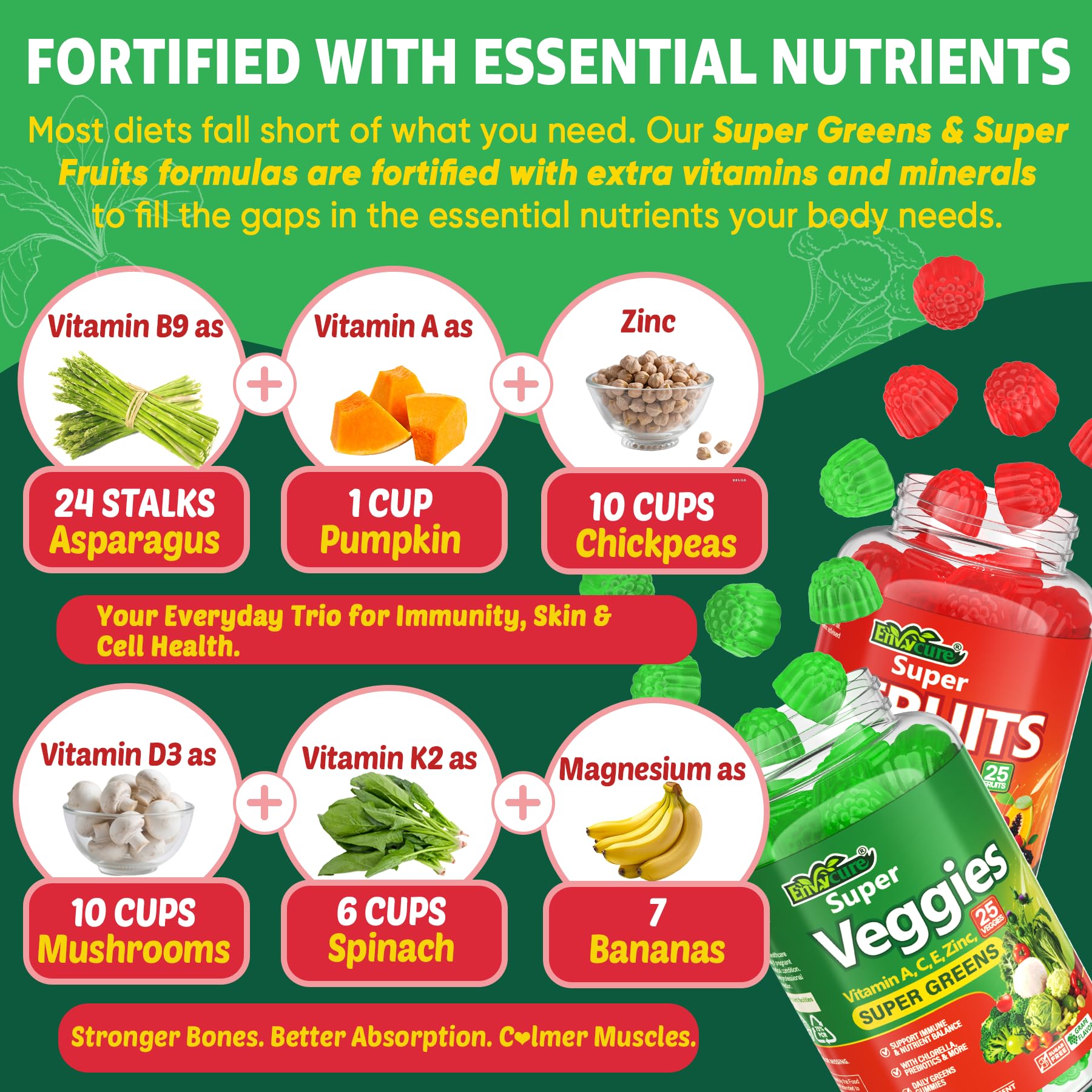 Envycure Super Greens Gummies: envase con probióticos y prebióticos para digestión equilibrada.