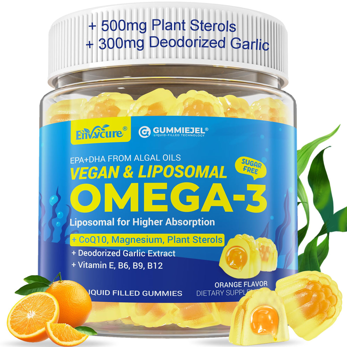 EnvyCure gomas veganas omega-3: botella visible con etiqueta clara para consumo diario.