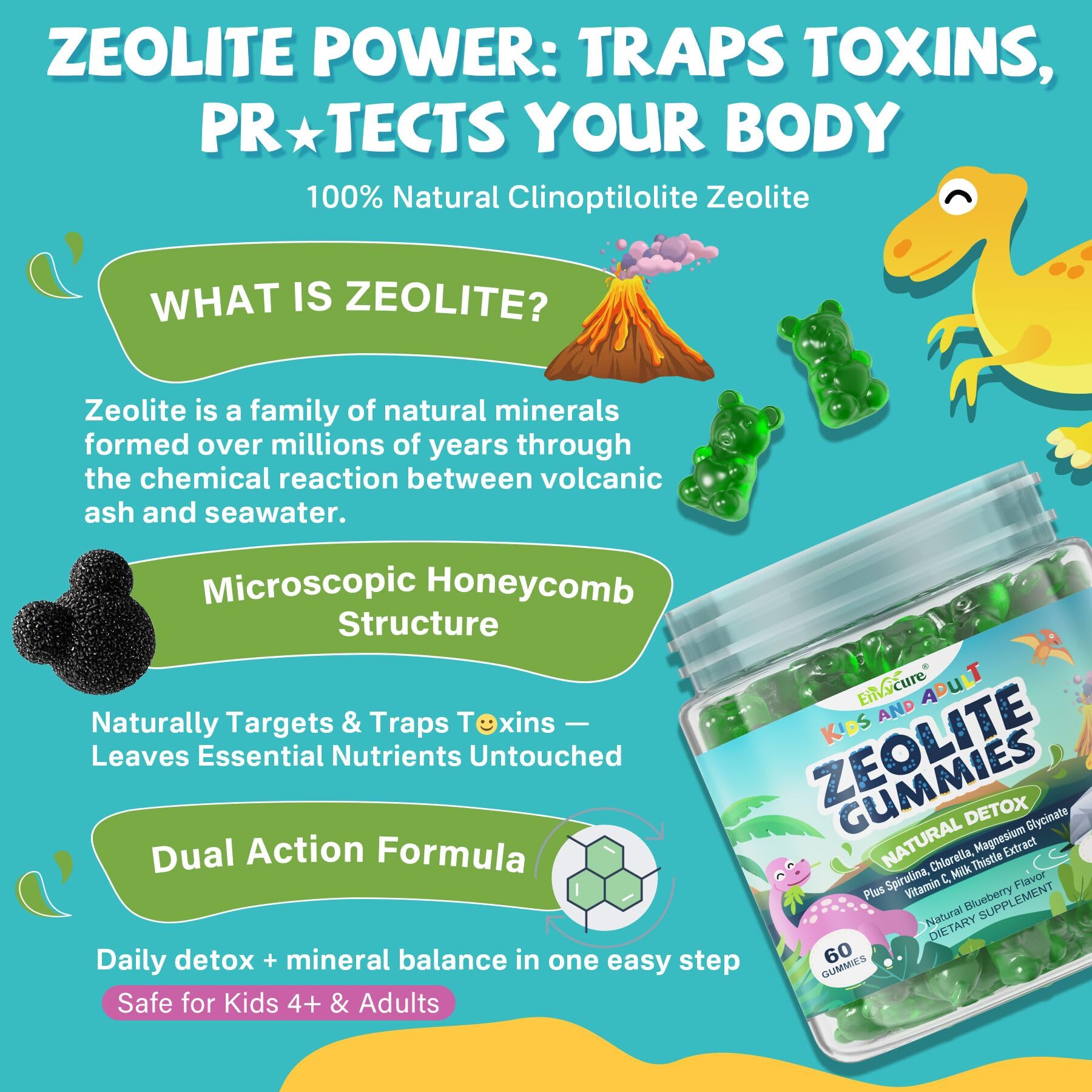 Gomitas azules de EnvyCure Zeolita Detox, sabor arándano natural.