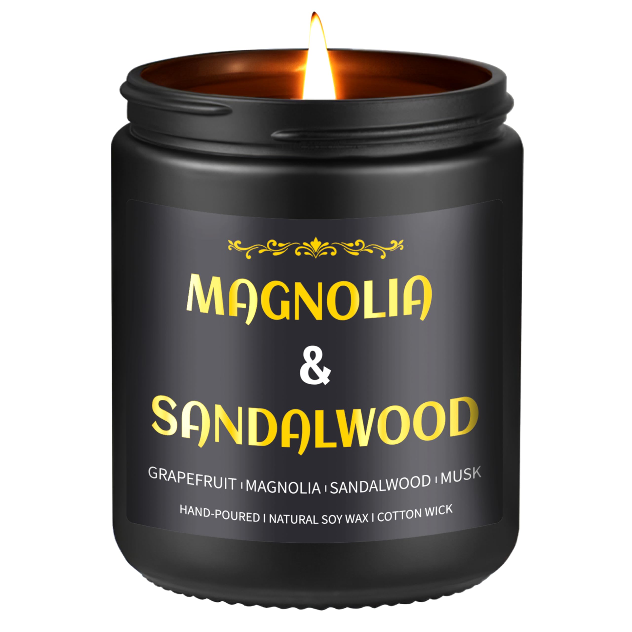 Vela Enwhisco Sandalwood en jarrón negro para escritorio elegante.