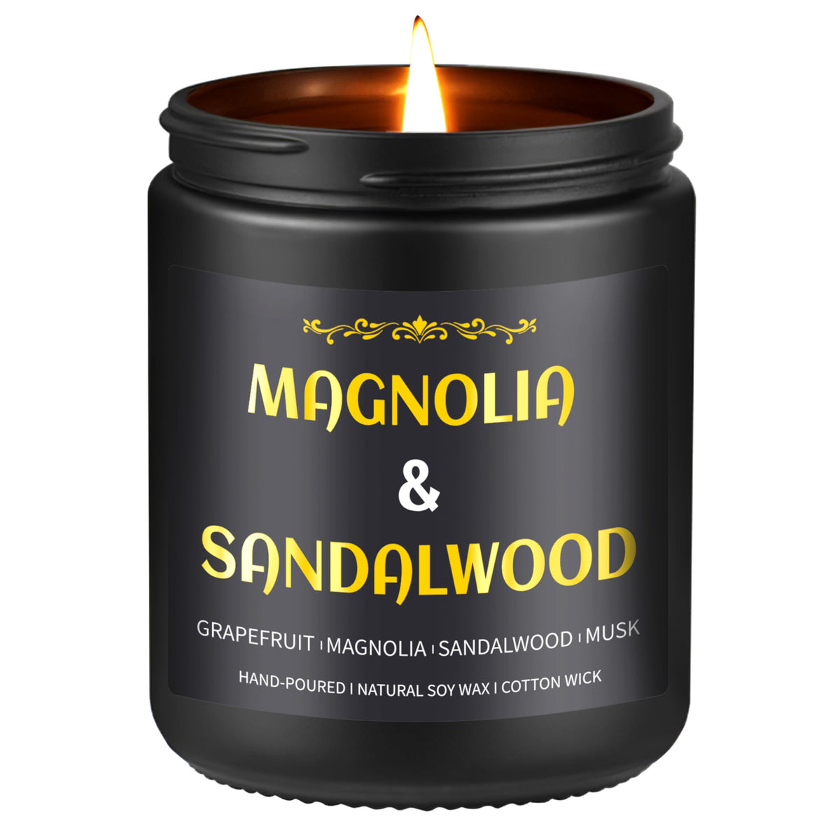 Vela Enwhisco Sandalwood en jarrón negro para escritorio elegante.