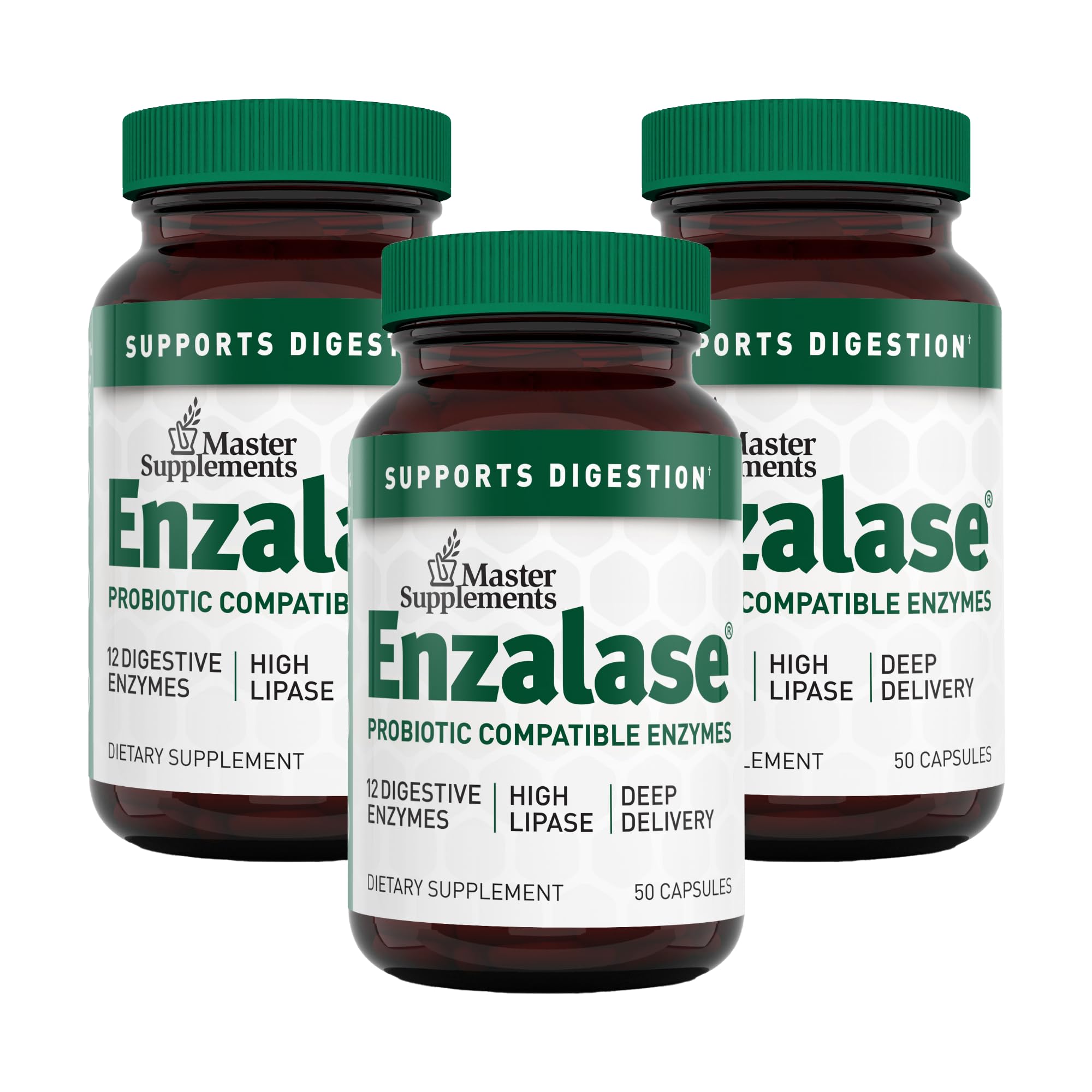 Enzalase: botella de cápsulas para uso diario y soporte digestivo.