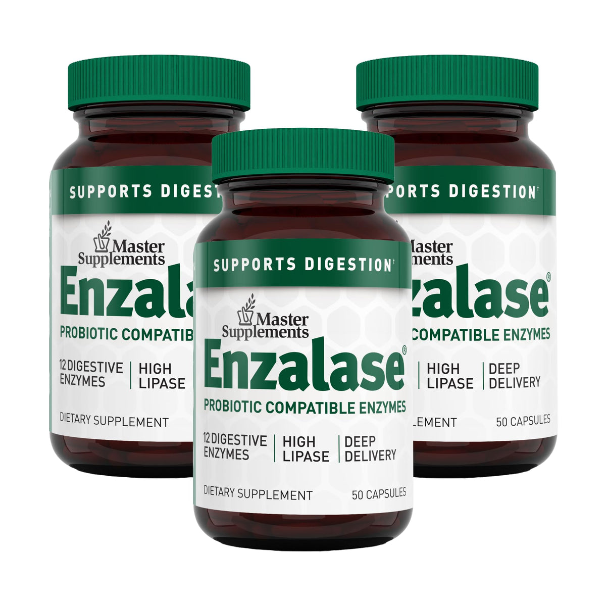 Enzalase: botella de cápsulas para uso diario y soporte digestivo.