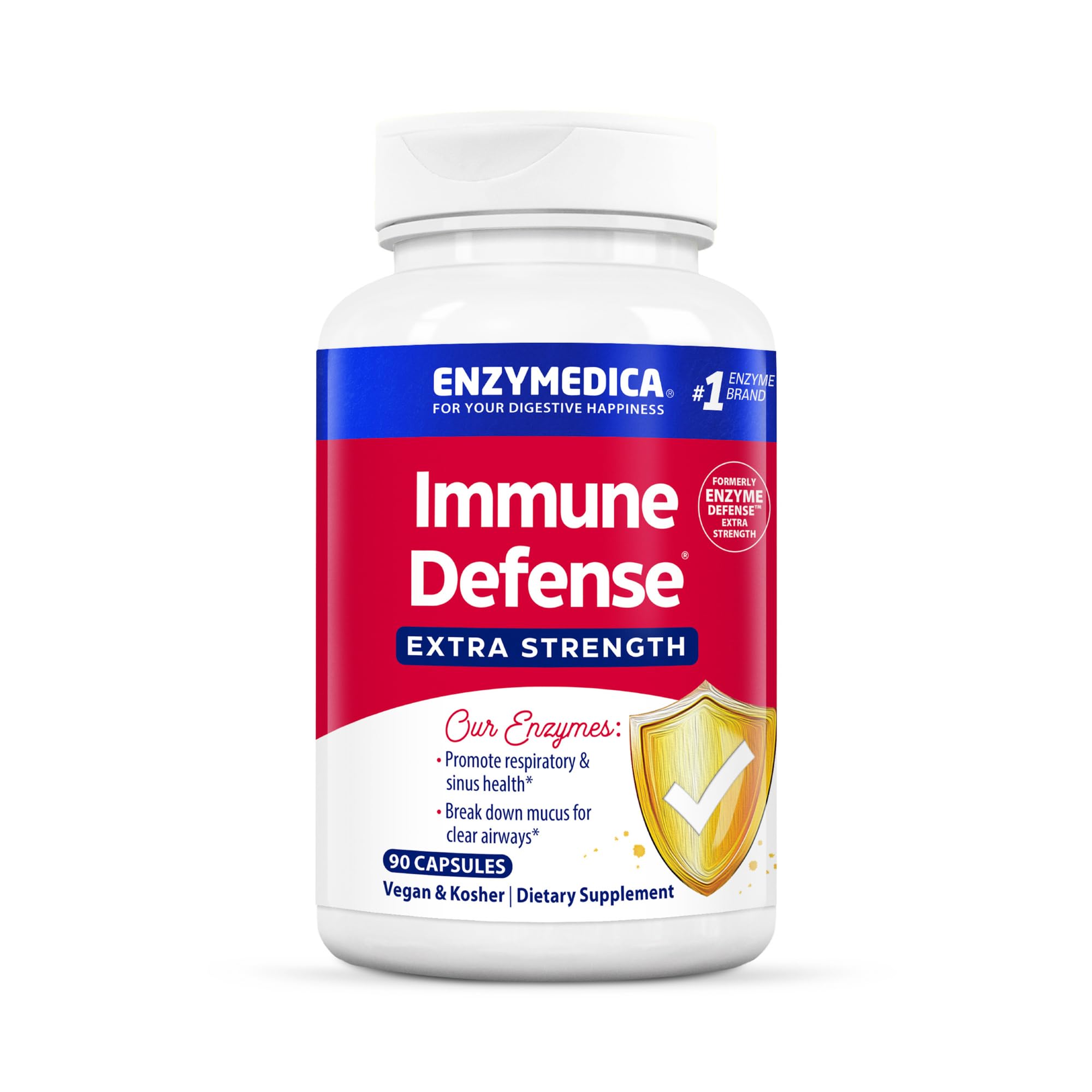 Enzymedica Immune Defense Extra Strength, frasco: soporte inmunológico potencial en uso diario.