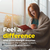 Etiqueta de Enzymedica Immune Defense Extra Strength con sello vegan y kosher para tranquilidad.