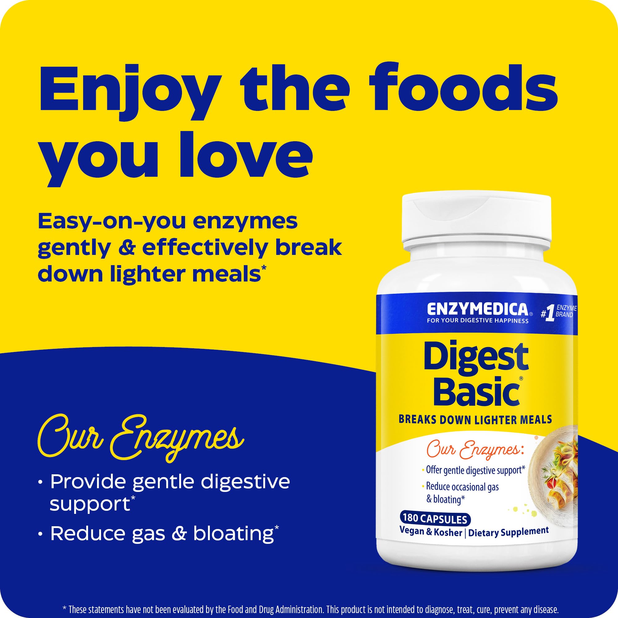 Enzymedica Digest Basic, cápsulas, descomponen grasas, proteínas y carbohidratos para apoyo suave.