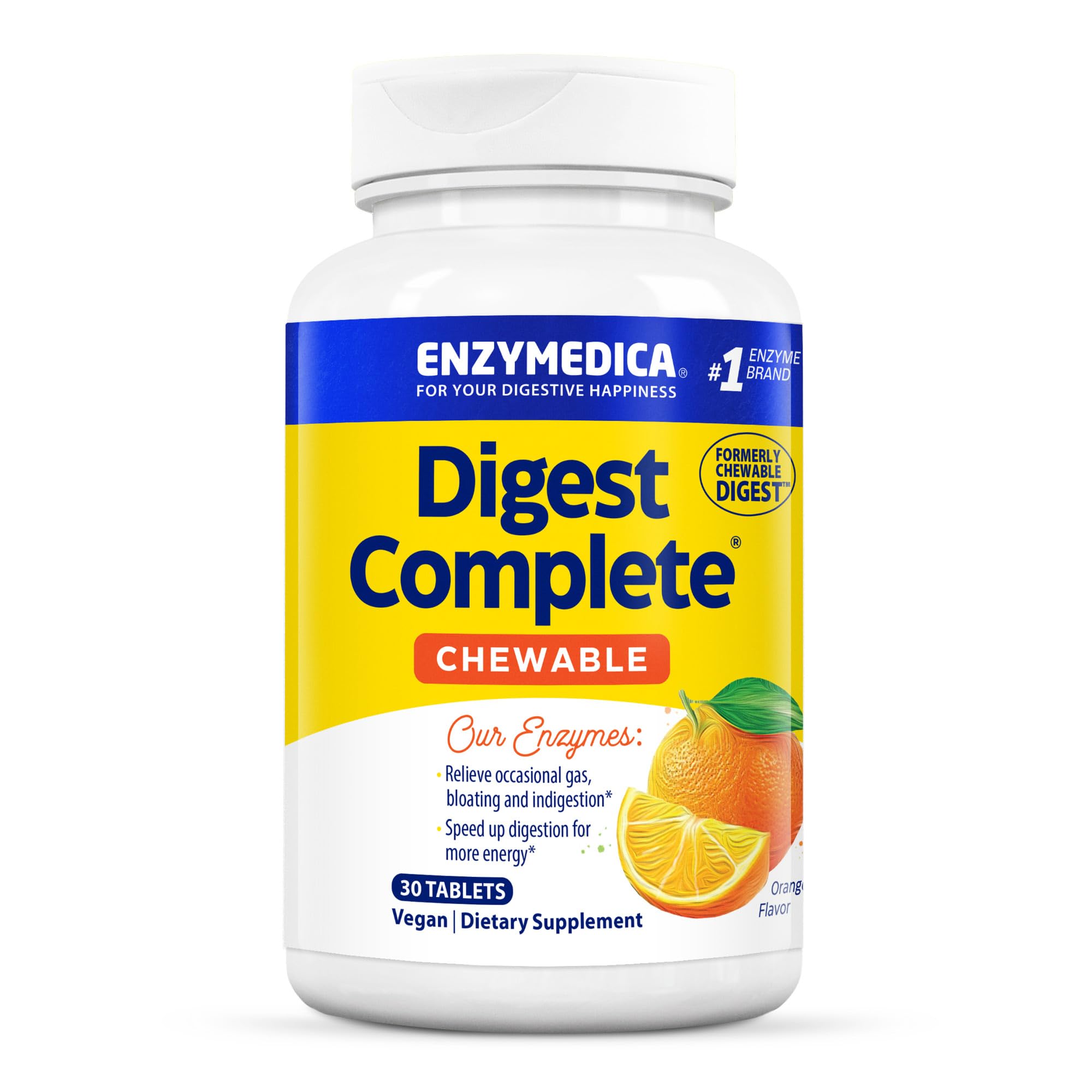 Enzymedica envase con tabletas masticables sabor naranja para usar con comidas.
