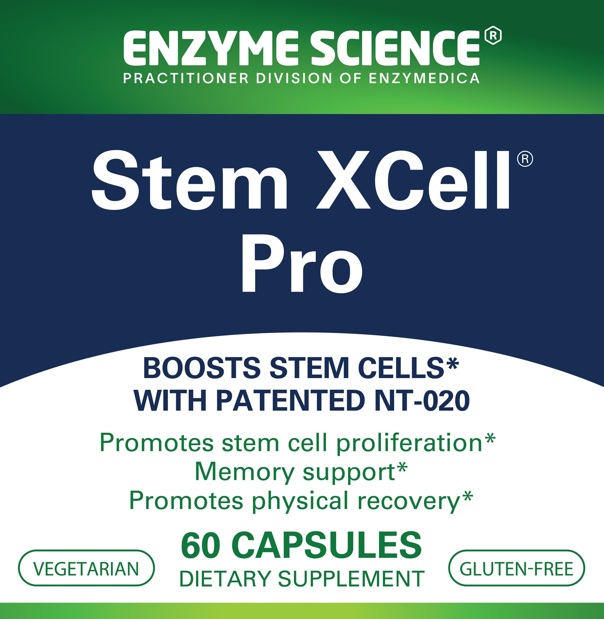 Enzyme Science Stem XCell Pro, etiqueta: información de la fórmula NT-020 y nutrientes.