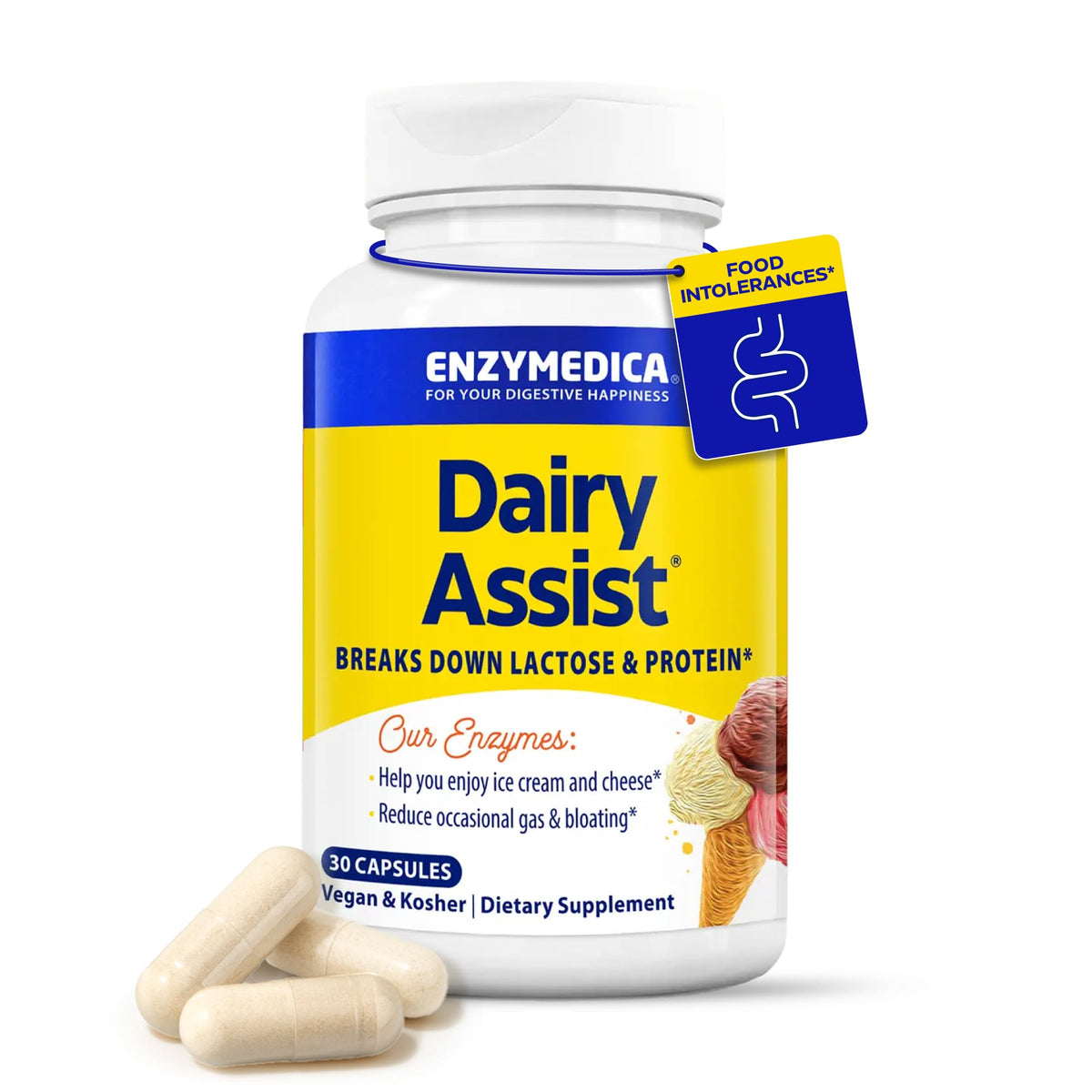 Enzymedica DairyAssist: botella para facilitar la digestión de lácteos tras comer.