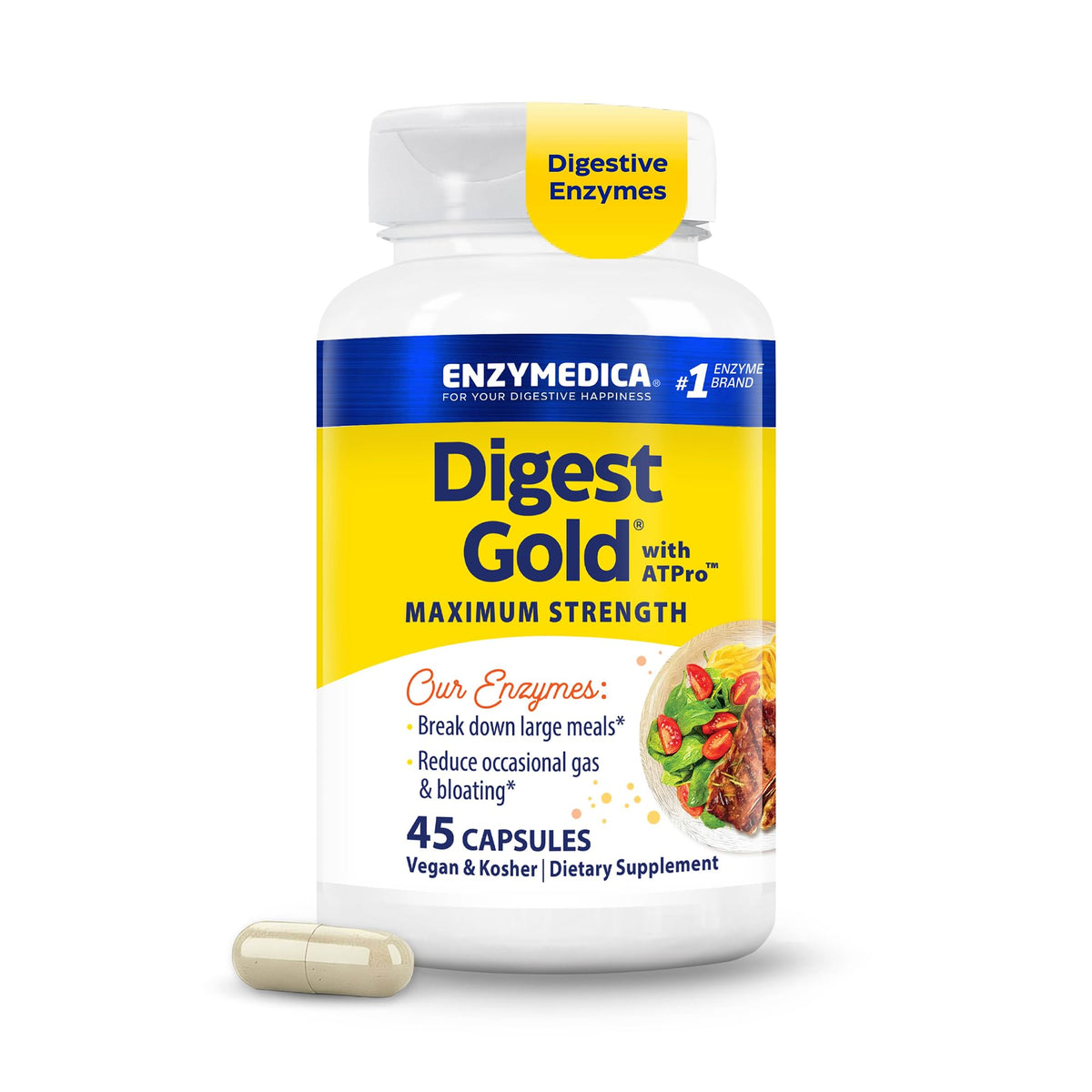 Enzymedica Digest Gold ATPro: botella con cápsulas para apoyo digestivo diario.