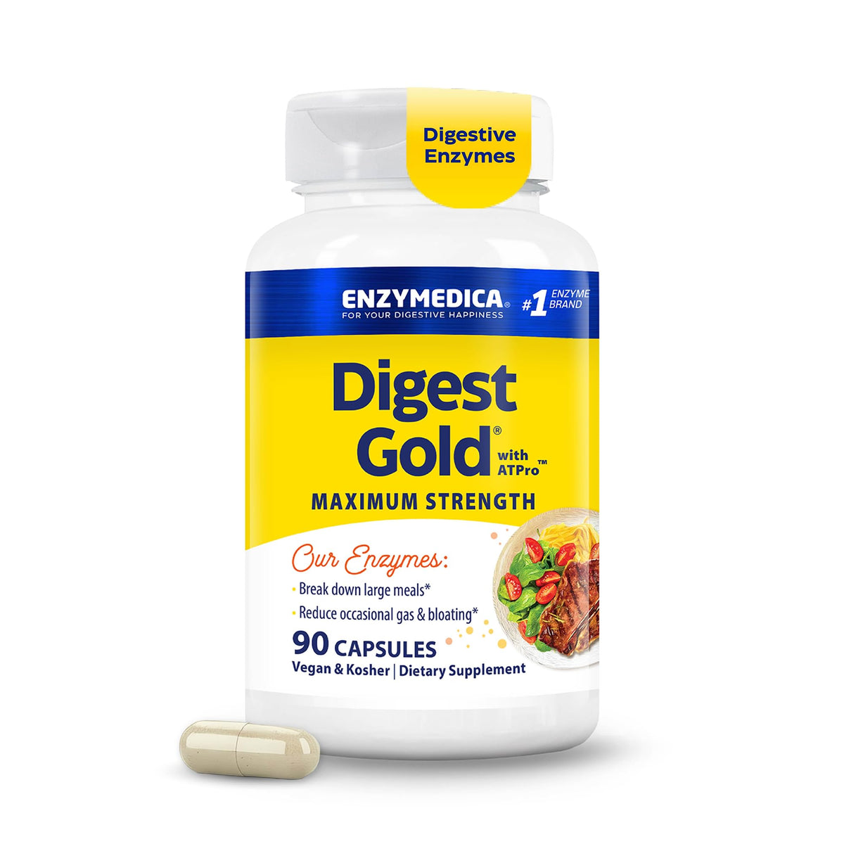 Enzymedica Digest Gold ATPro: cápsulas para digestión rápida tras comidas abundantes.