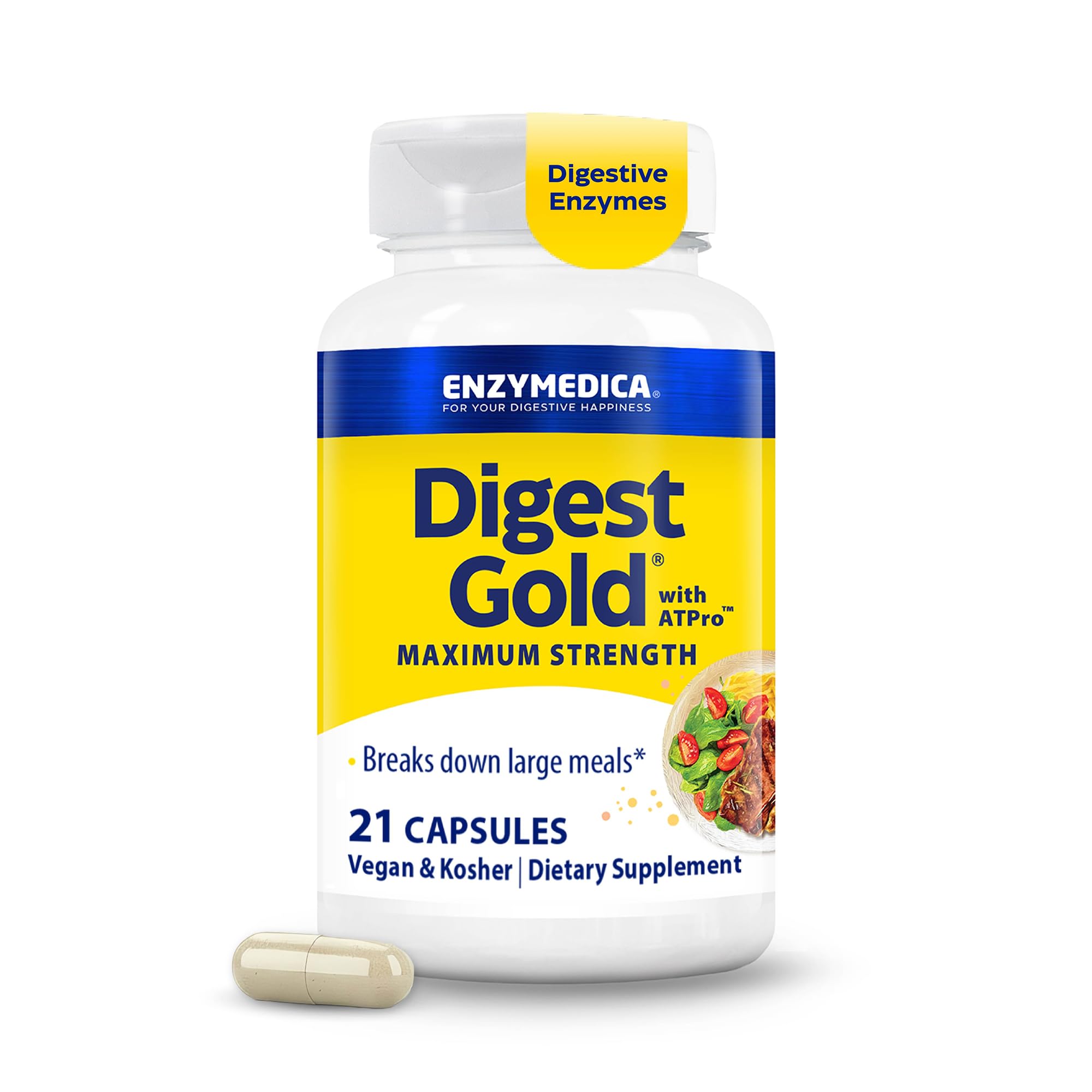 Enzymedica Digest Gold ATPro cápsulas para apoyo digestivo tras comidas abundantes.