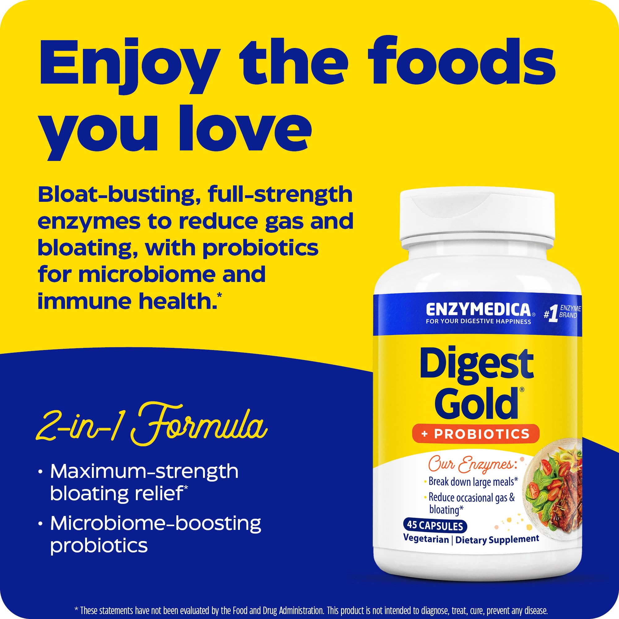Enzymedica Digest Gold + Probiotics: cápsulas en primer plano, dosis diaria simplificada.