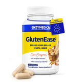 GlutenEase de Enzymedica, botella frontal, posible apoyo para la digestión tras comidas con gluten.